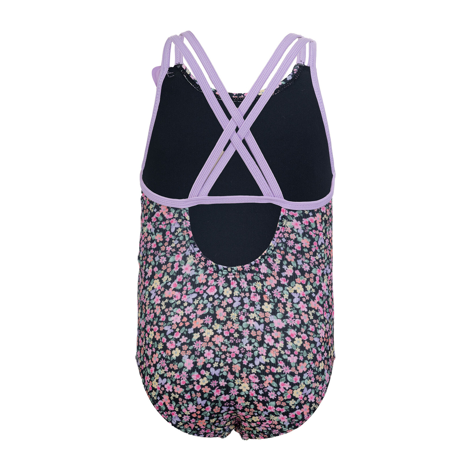 Mandarine & Co. MANDARINE & CO. - Black one-piece swimsuit with colorful floral print and lilac strap