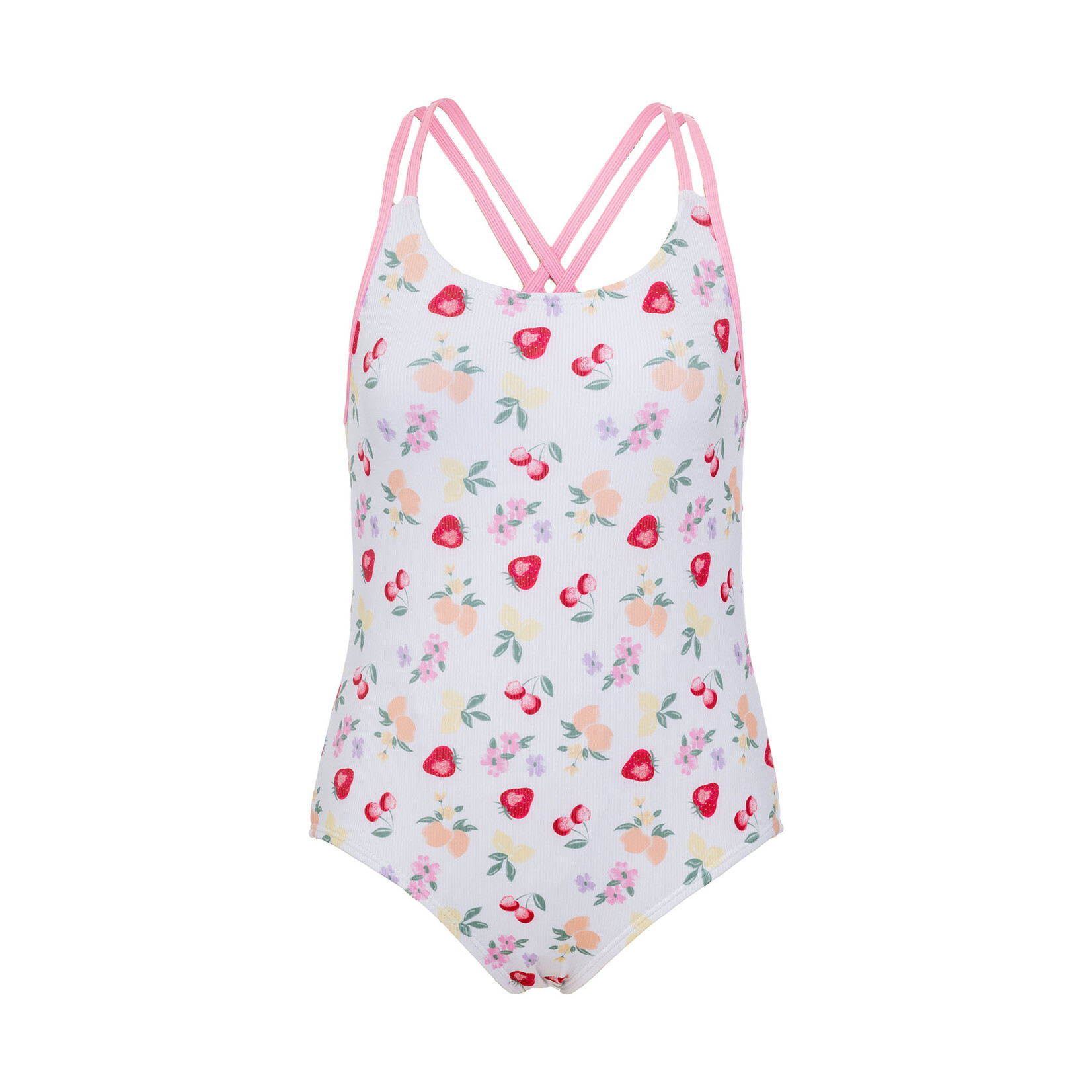 Mandarine & Co. MANDARINE & CO. - White one-piece swimsuit with fruit print and pink strap