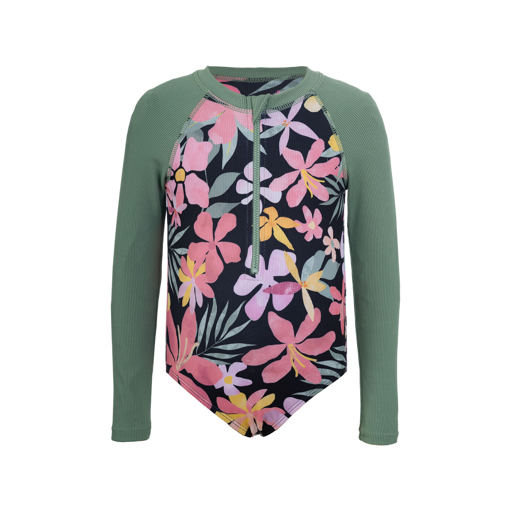 Mandarine & Co.  MANDARINE & CO. - Green and black long-sleeved one-piece swimsuit with tropical flower print