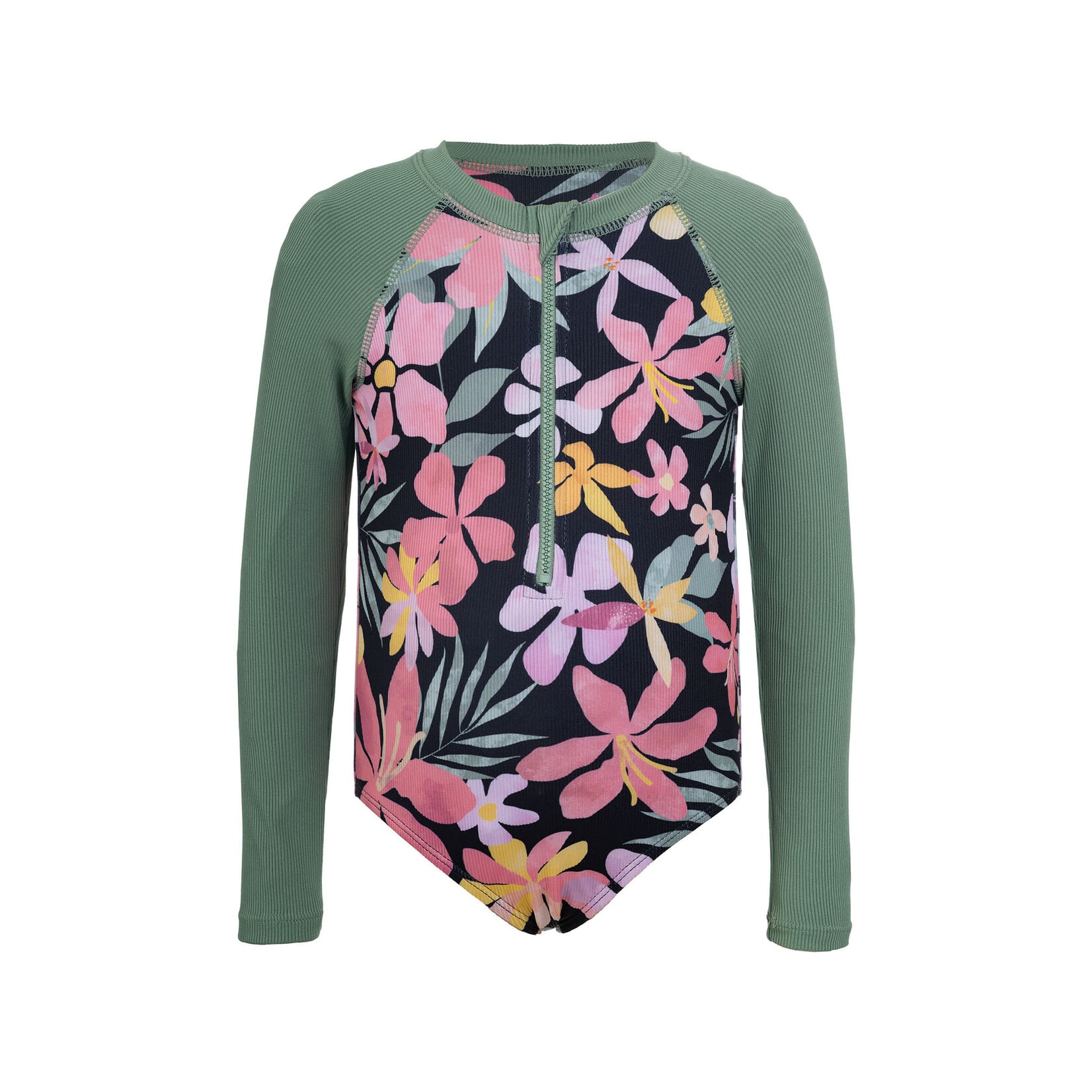 Mandarine & Co. MANDARINE & CO. - Maillot de bain une-pièce à manches longues vert et noir avec imprimé de fleurs tropicales