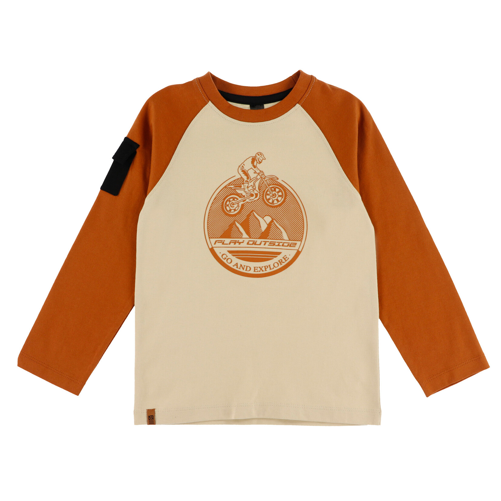 Nanö NANÖ - T-shirt blanc crème à manches longues oranges avec imprimé de motocycliste 'Plein gaz!'