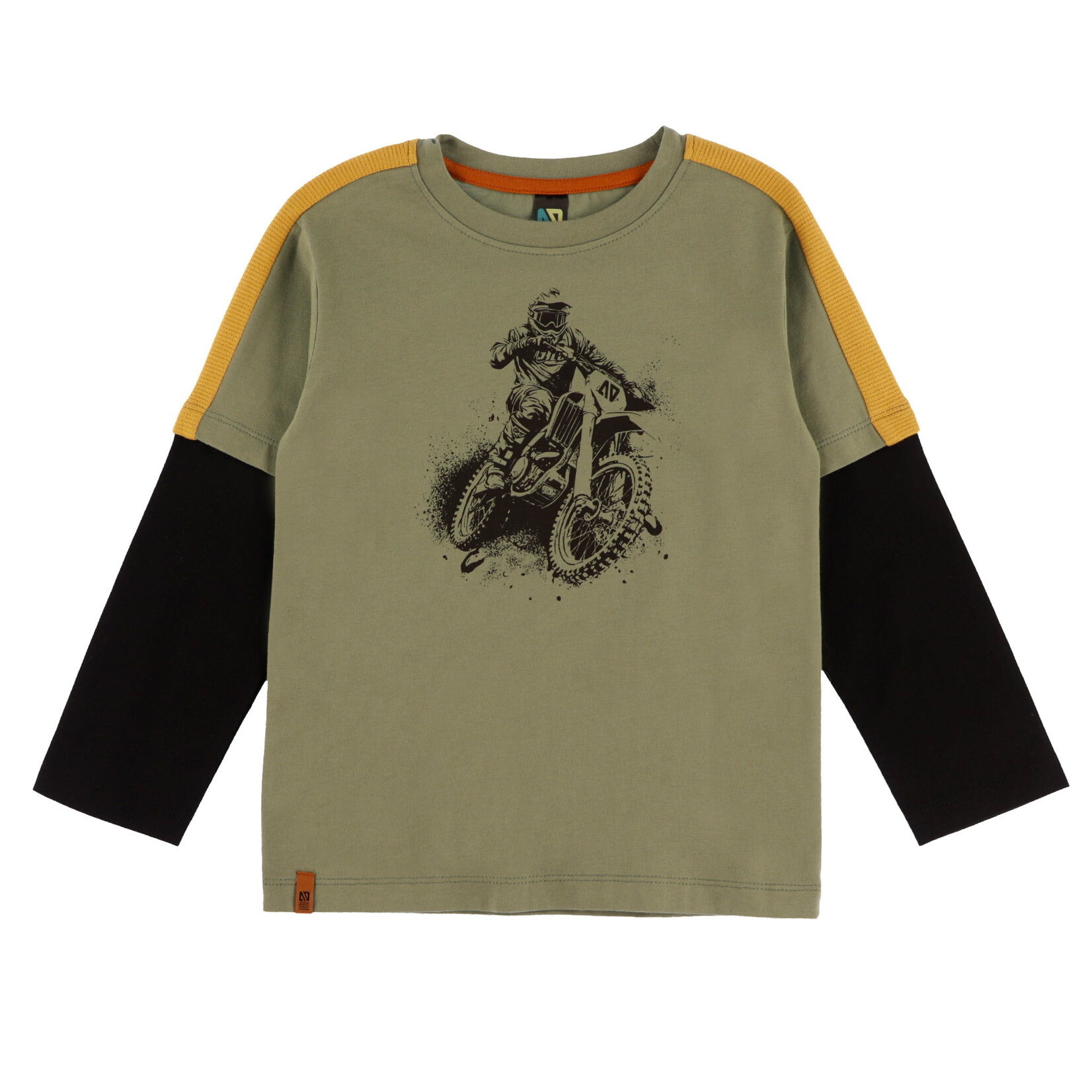 Nanö NANÖ - T-shirt vert à manches longues à effet superposé et imprimé de motocycliste 'Plein gaz!'