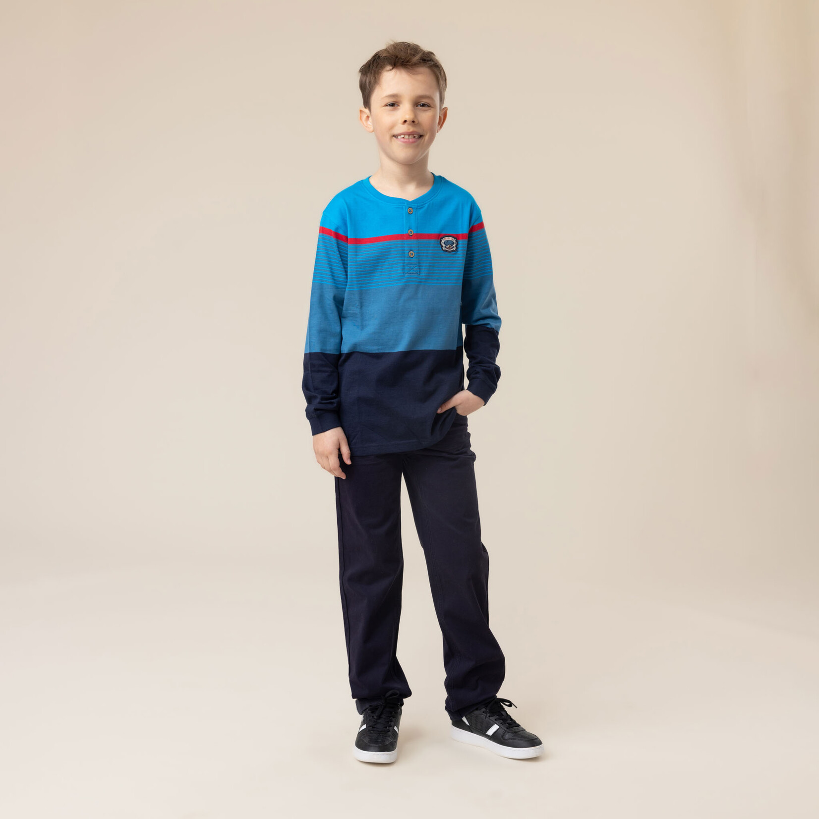Nanö NANÖ - T-shirt bleu à manches longues avec rayures et boutons au-devant 'Esprit sportif'