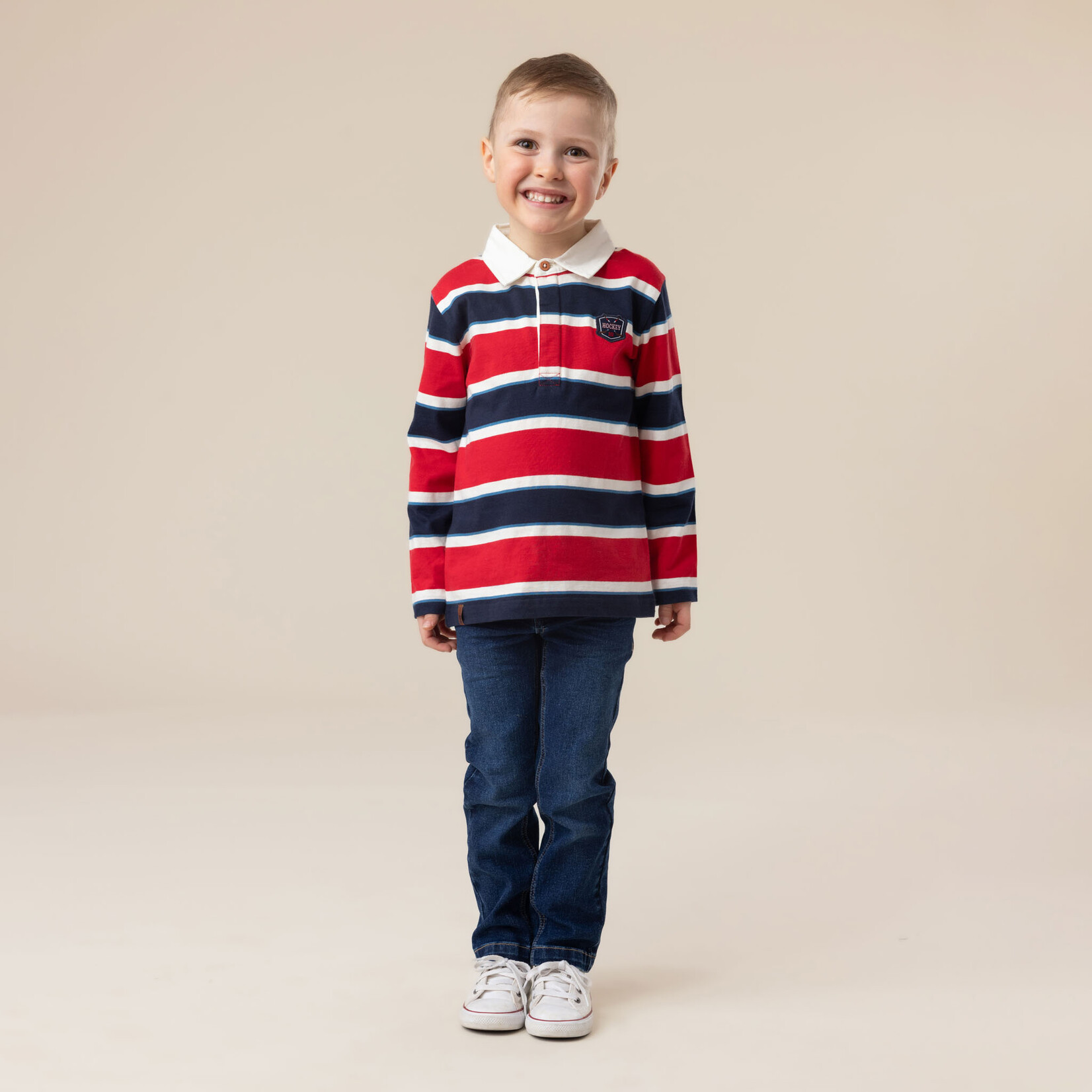 Nanö NANÖ - Chandail/polo manches longues rouge avec rayures blanches et bleues 'Esprit sportif'