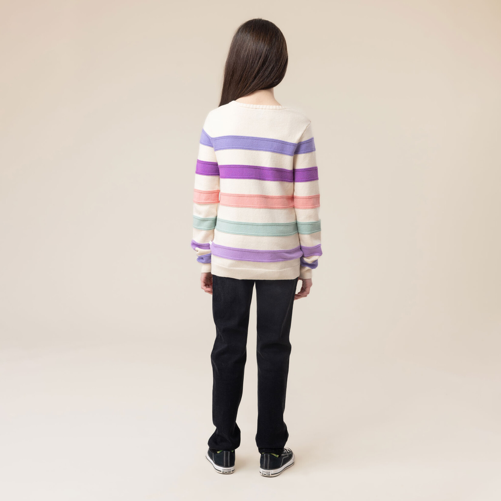 Nanö NANÖ - Ivory knit sweater with colorful stripes 'Bonne Journée'