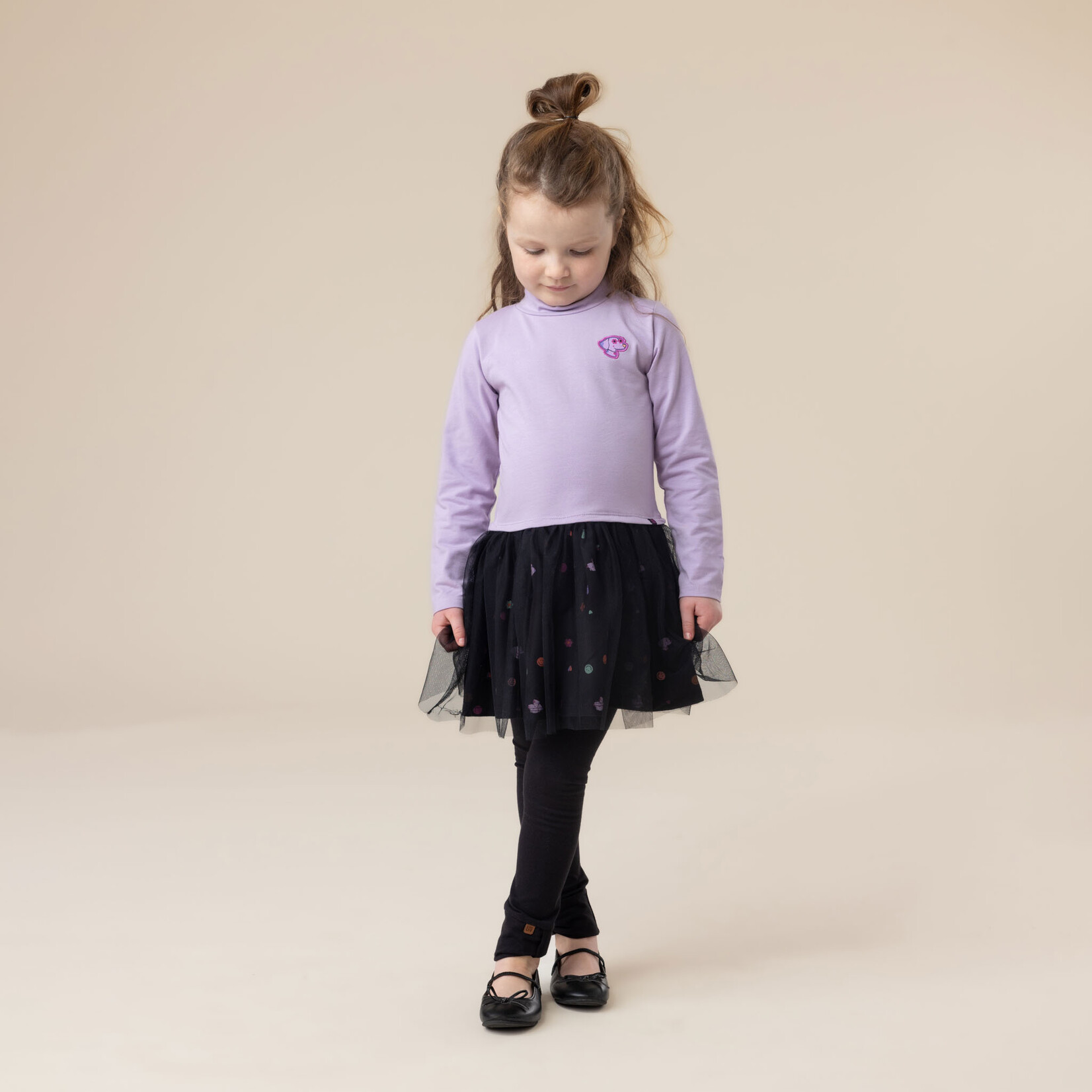 Nanö NANÖ - Lilac and black long-sleeved dress with a print of dogs and smiley faces 'Bonne Journée'