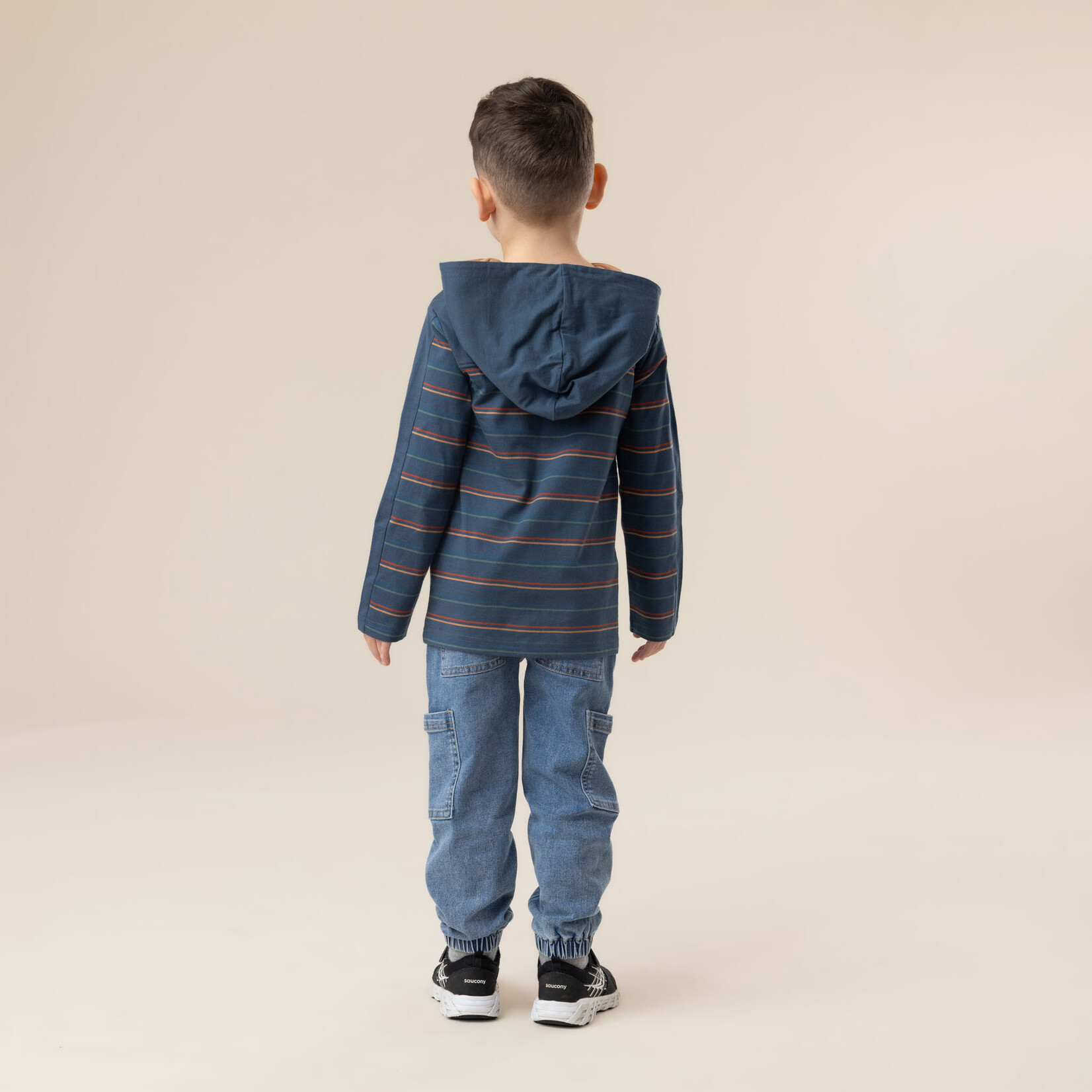 Nanö NANÖ - Navy blue long-sleeved T-shirt with a hood and stripes 'Exploration du nord!'