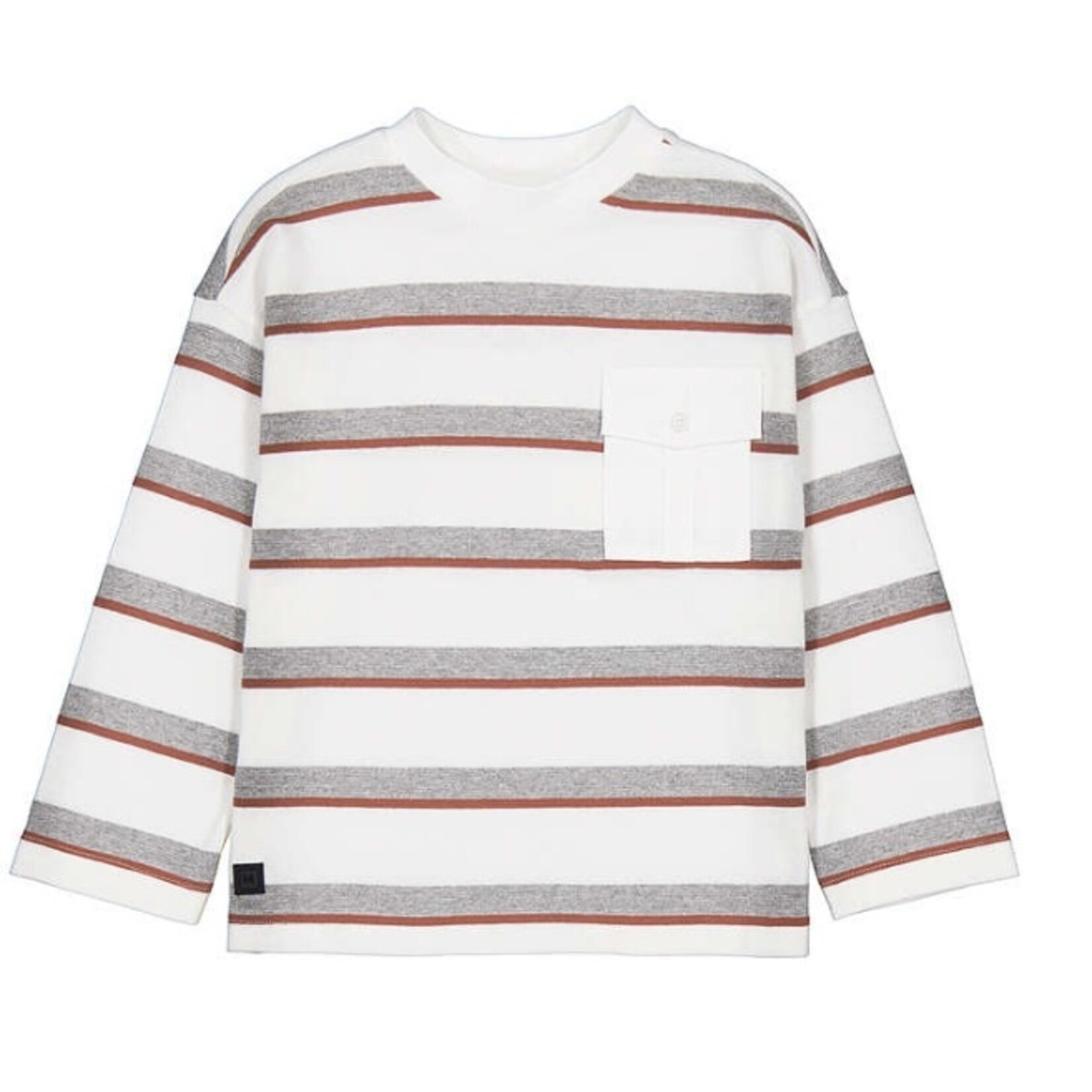 Mayoral MAYORAL - White long-sleeved T-shirt with a front pocket and grey and red stripes