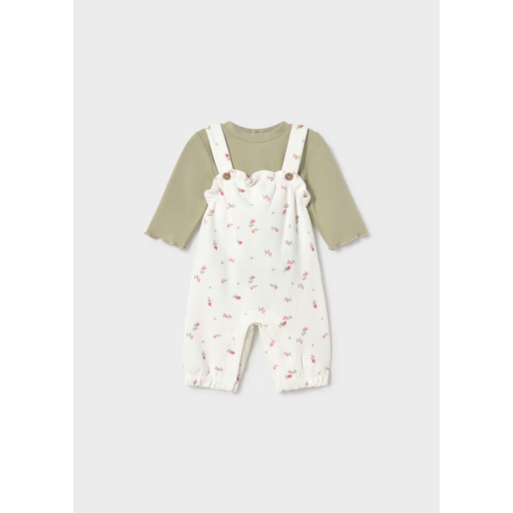 Mayoral MAYORAL - Ensemble 2 pièces: Salopette blanche avec motifs de petites fleurs et t-shirt vert