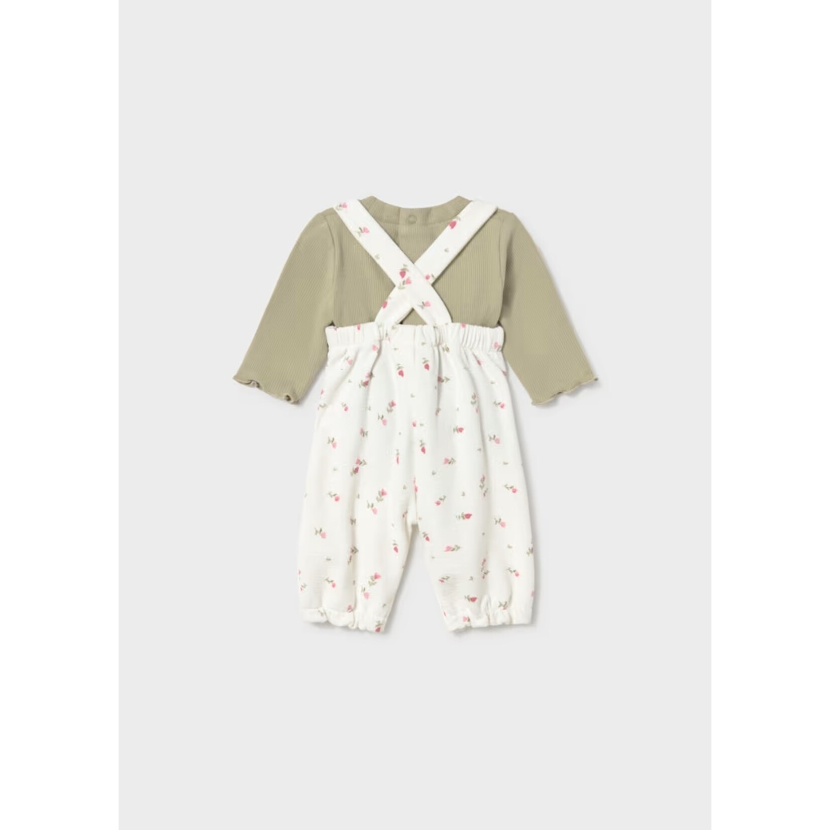 Mayoral MAYORAL - Ensemble 2 pièces: Salopette blanche avec motifs de petites fleurs et t-shirt vert