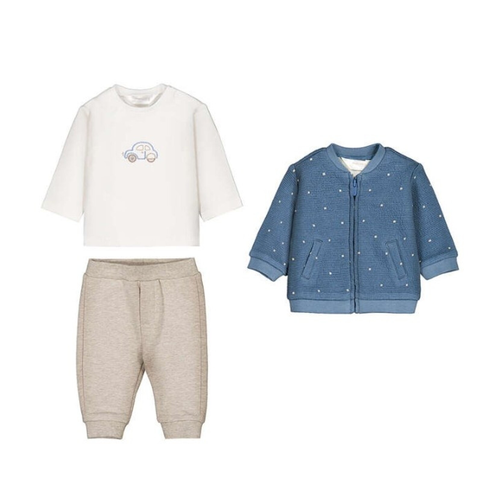 Mayoral MAYORAL - Ensemble 3 pièces: T-shirt à manches longues avec broderie d'une voiture, une veste bleu et un jogging beige