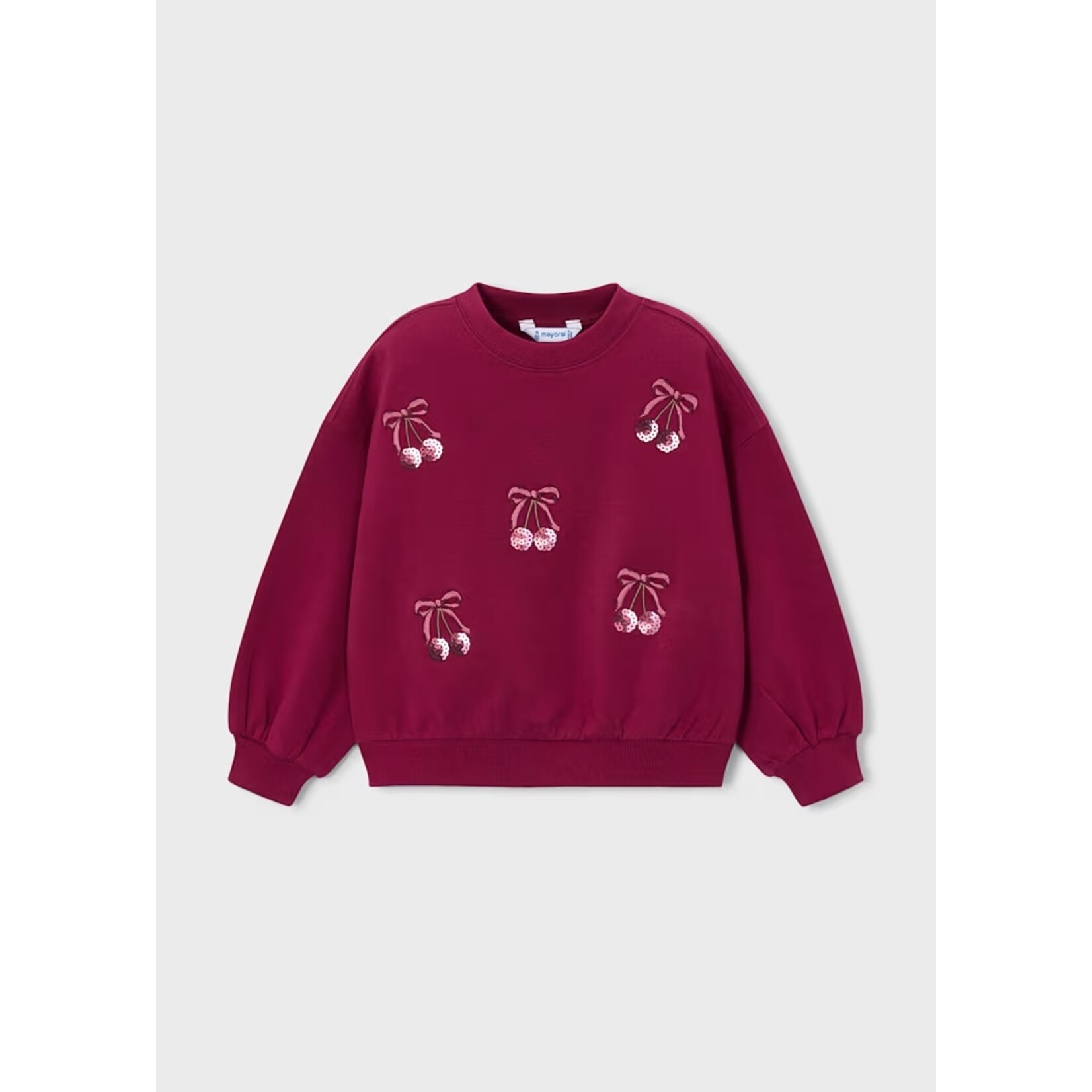 Mayoral MAYORAL - Chandail de style pull rouge avec broderie de cerises pailletées et boucles rose