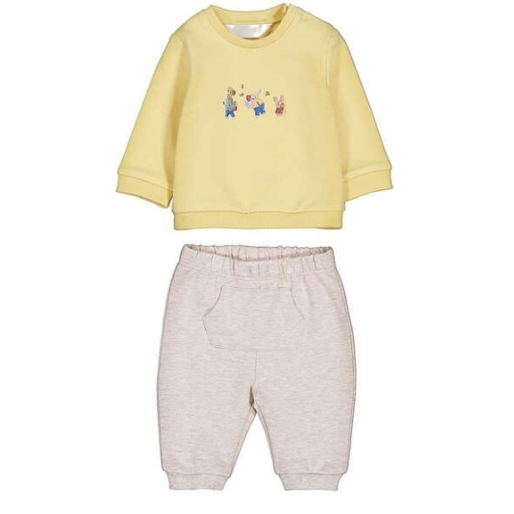 Mayoral MAYORAL - 2-piece set: Yellow sweater with musical animal embroidery and beige trousers