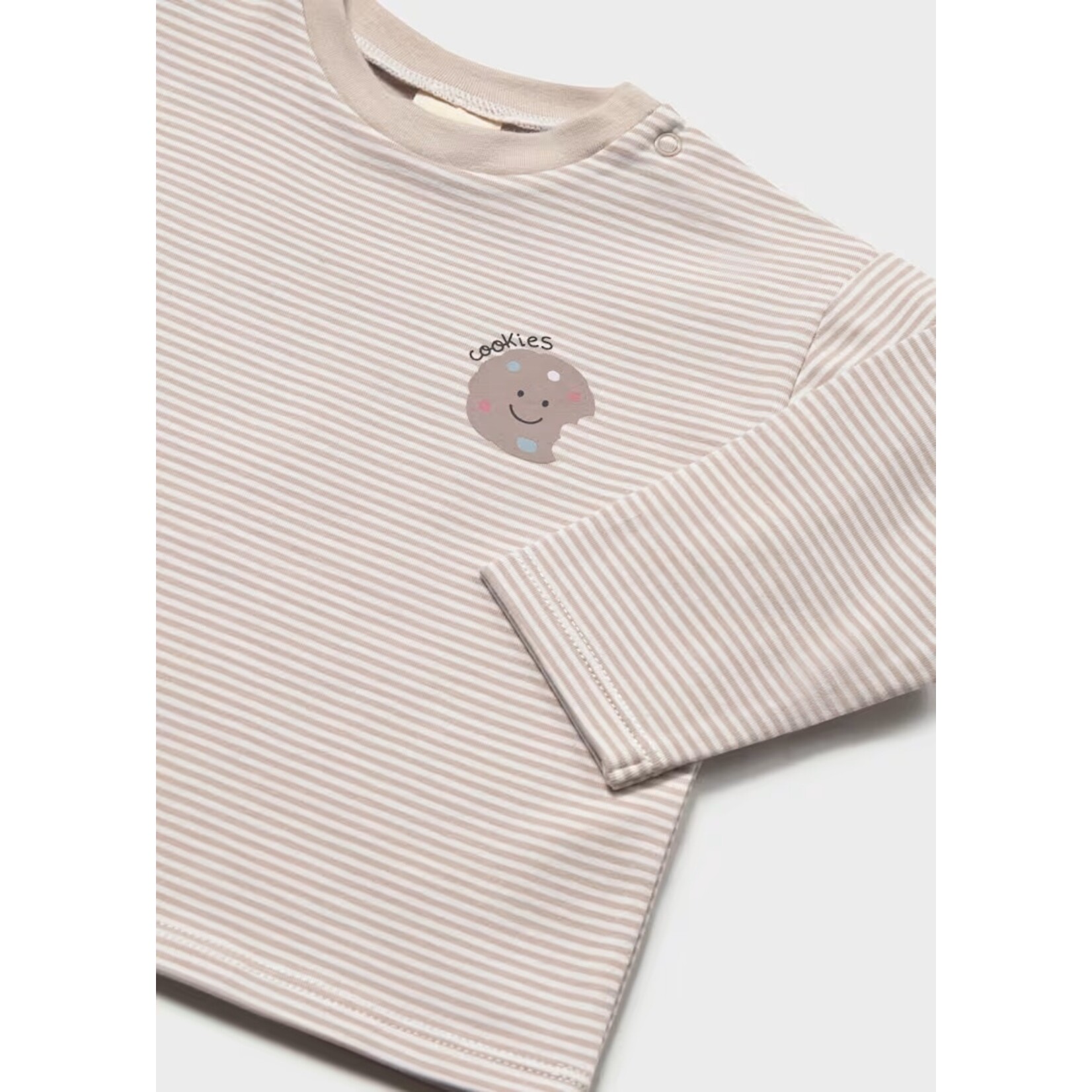 Mayoral MAYORAL - T-shirt ligné blanc et beige à manches longues avec imprimé de biscuit