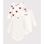 Petit Bateau PETIT BATEAU - Pack of 3 long-sleeved, round-neck bodysuits 'Red Hearts'