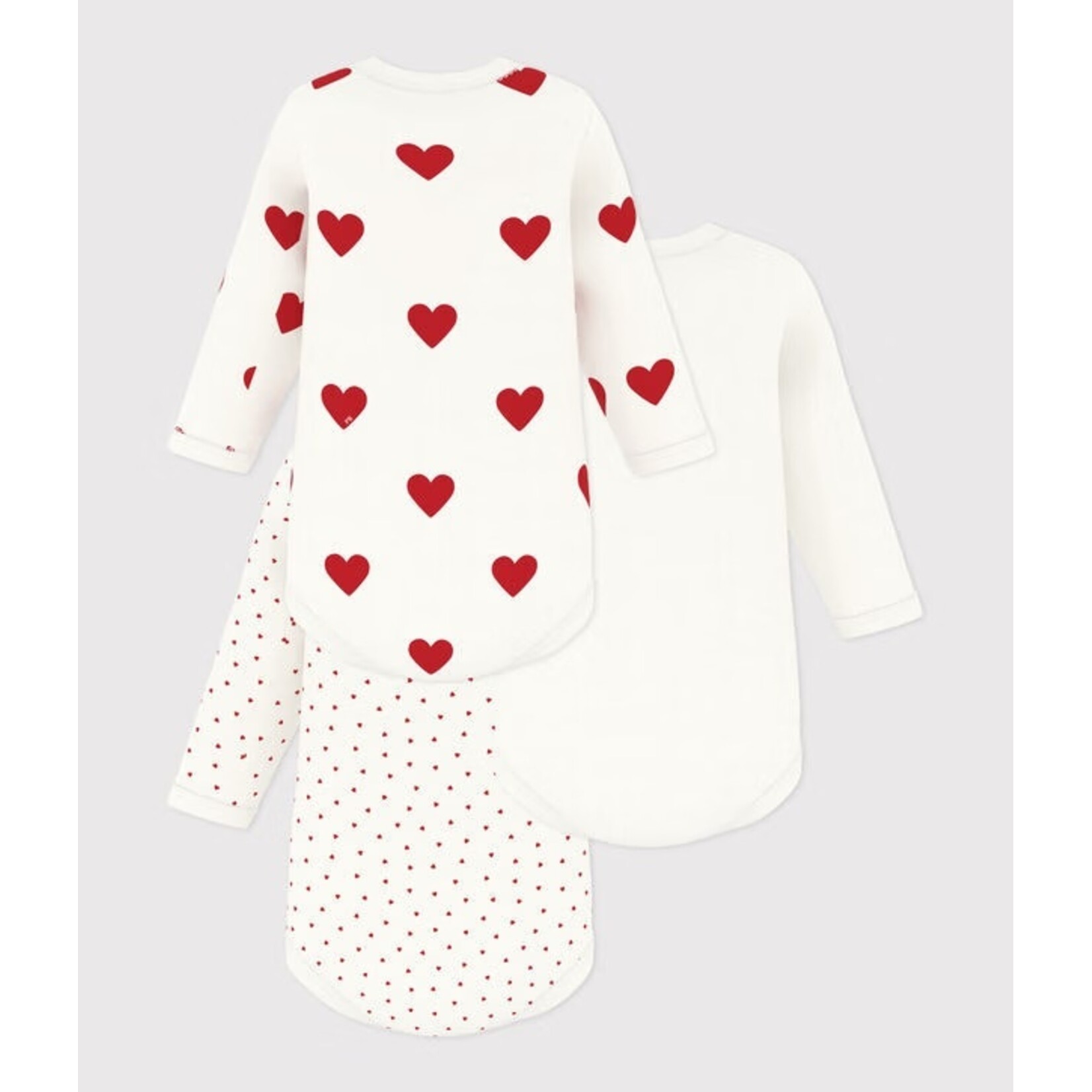 Petit Bateau PETIT BATEAU - Pack of 3 long-sleeved, round-neck bodysuits 'Red Hearts'