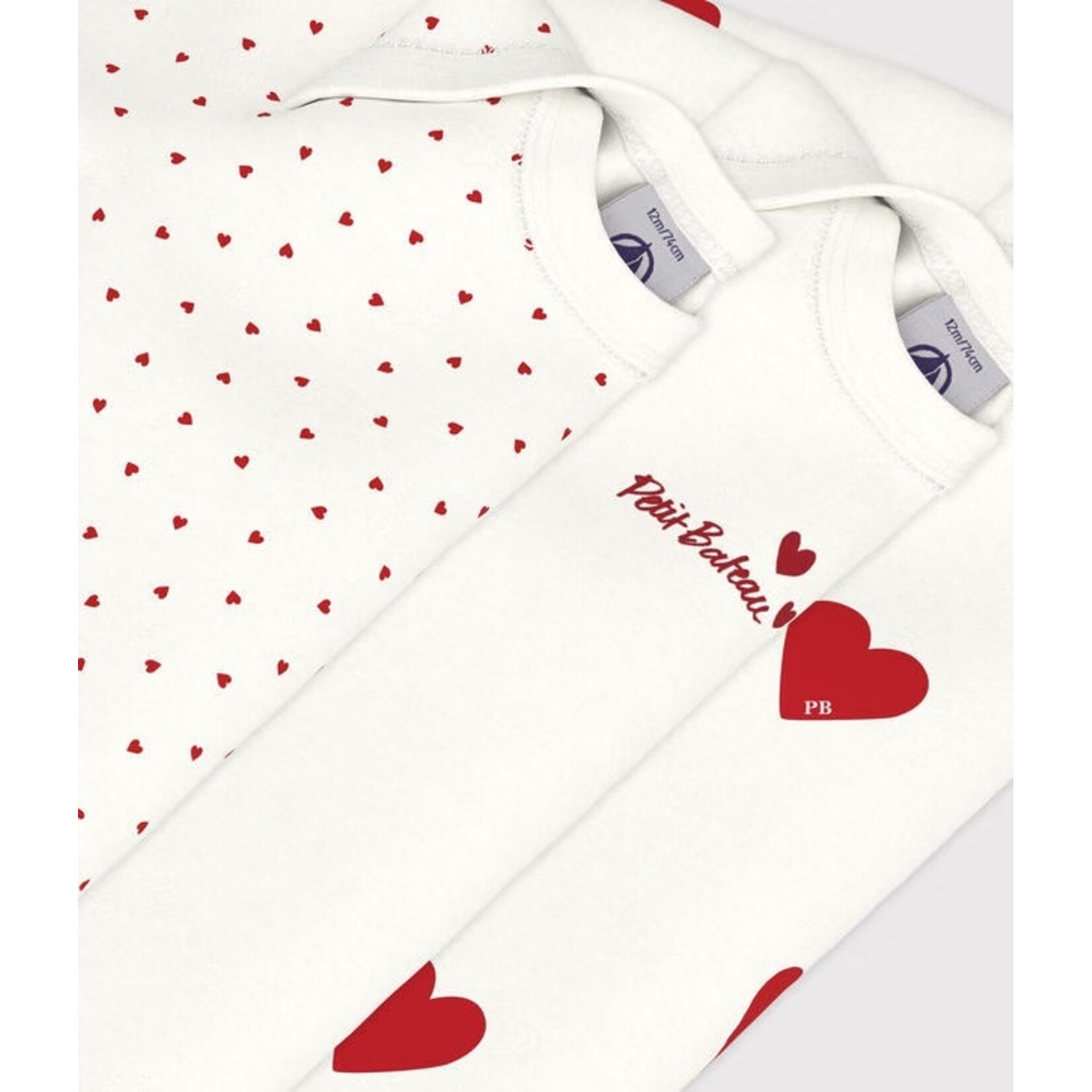 Petit Bateau PETIT BATEAU - Pack of 3 long-sleeved, round-neck bodysuits 'Red Hearts'