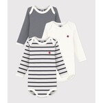 Petit Bateau PETIT BATEAU - Pack of 3 long-sleeved, round-neck bodysuits 'Fine navy stripes/navy stripes with logo/solid white with logo'