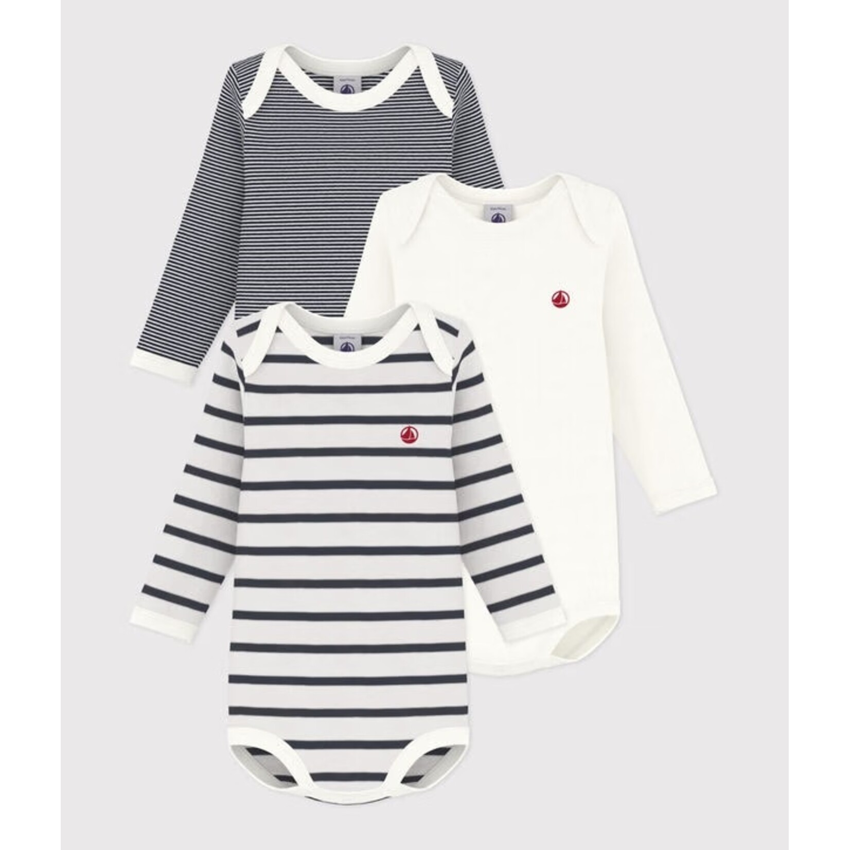 Petit Bateau PETIT BATEAU - Pack of 3 long-sleeved, round-neck bodysuits 'Fine navy stripes/navy stripes with logo/solid white with logo'