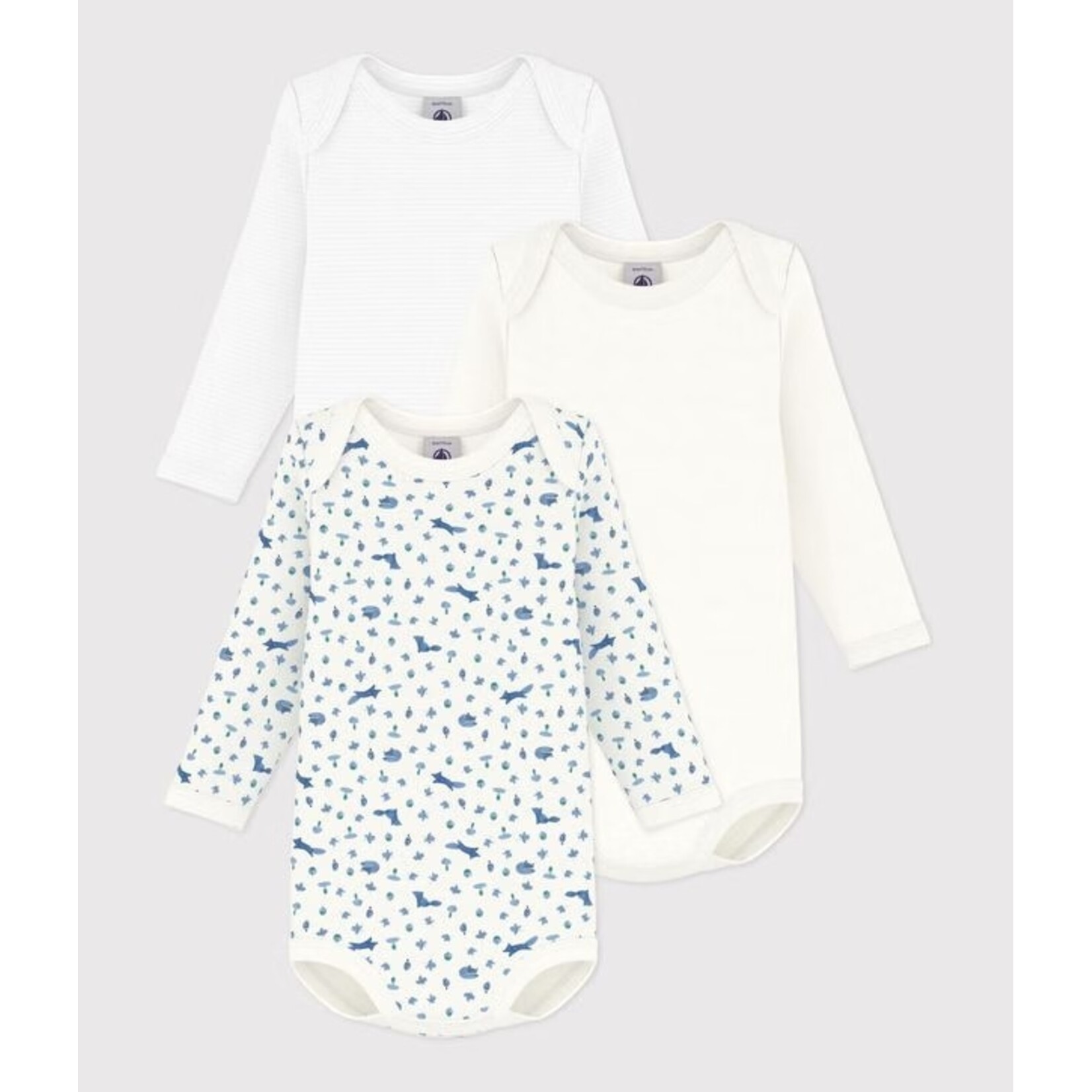 Petit Bateau PETIT BATEAU - Pack of 3 long-sleeved, round-neck bodysuits 'Blue foxes'
