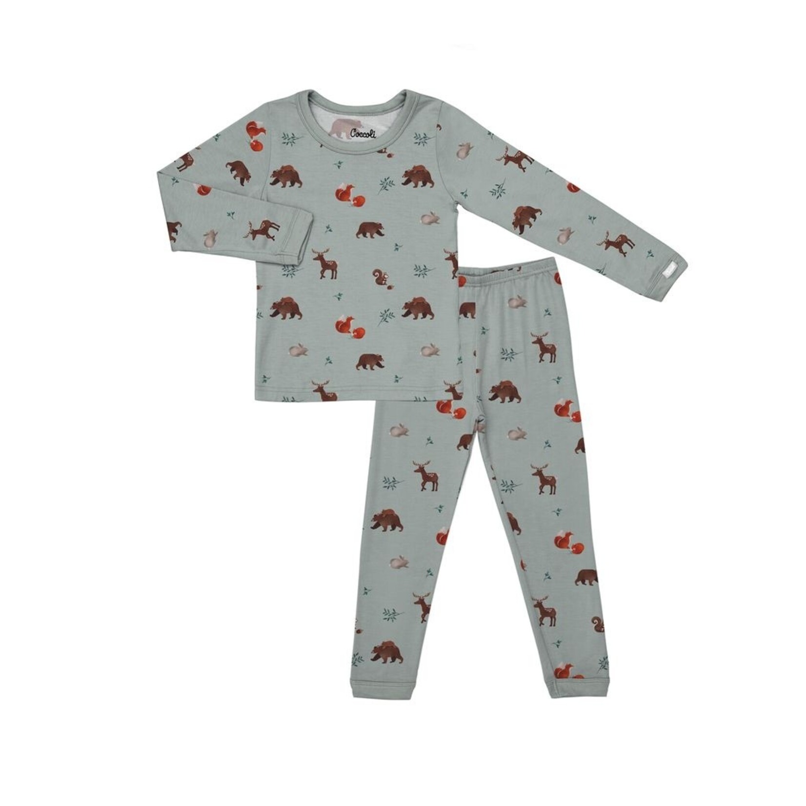 Coccoli COCCOLI - Pyjama long deux pièces gris bleu en modal avec motifs d'animaux de la forêt