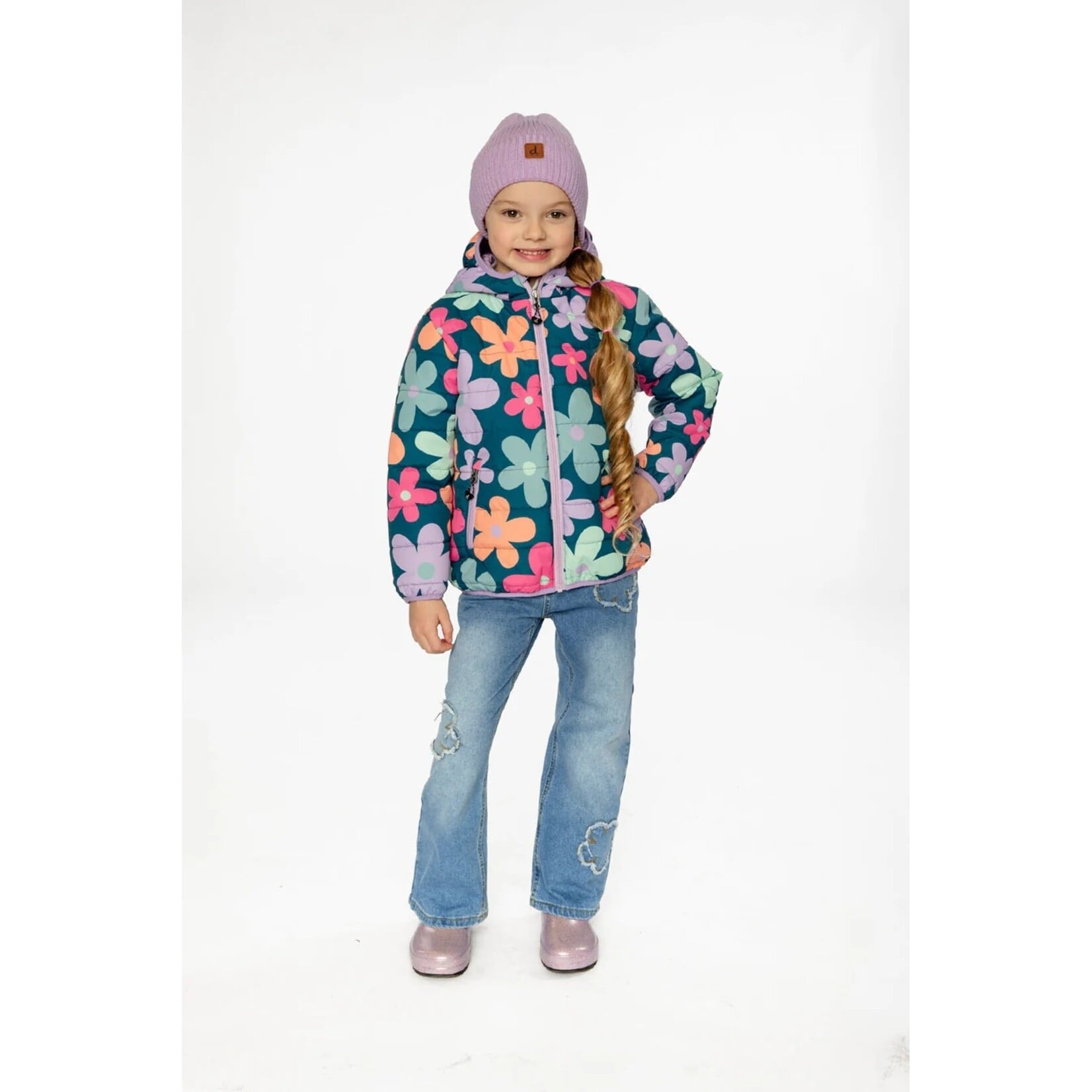 Deux par Deux DEUX PAR DEUX - Manteau mi-saison matelassée vert imprimé de fleurs 'Printed simple flowers'
