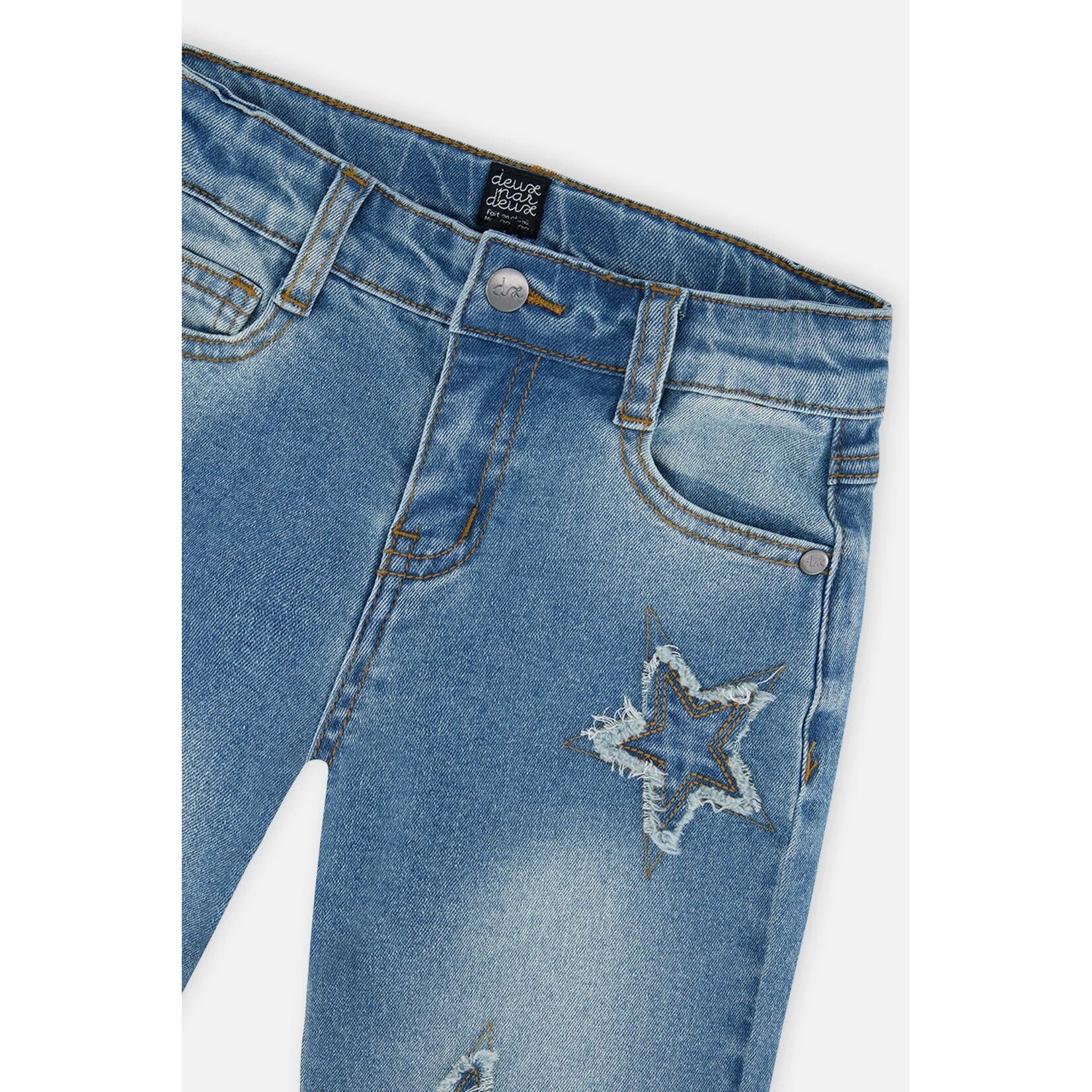 Deux par Deux DEUX PAR DEUX - Navy blue denim jeans with frayed embroidered stars 'Varsity League'