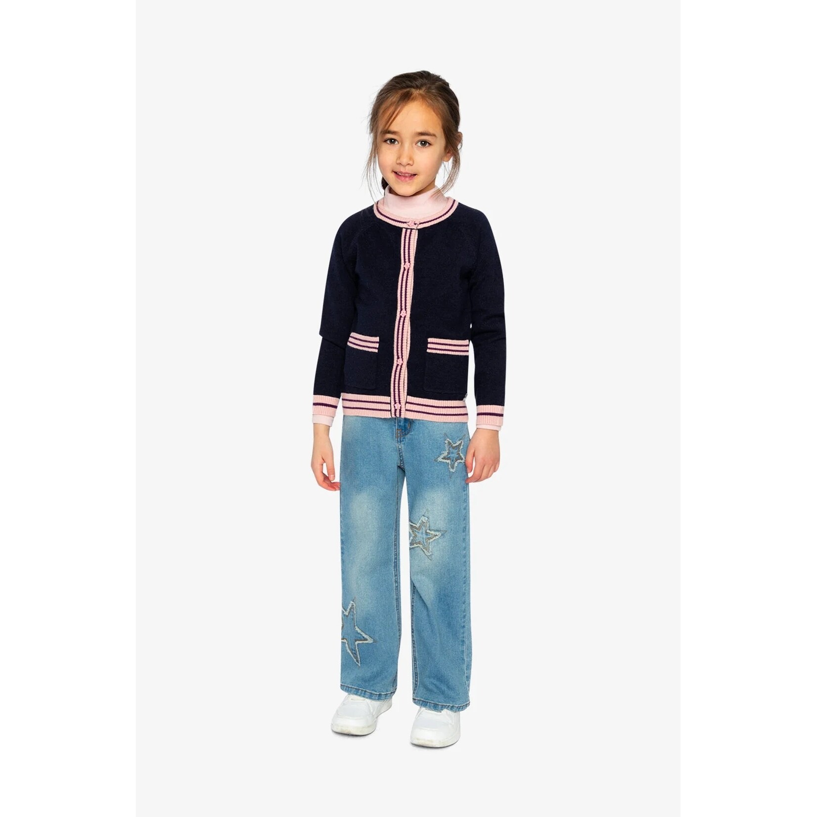 Deux par Deux DEUX PAR DEUX - Navy blue denim jeans with frayed embroidered stars 'Varsity League'