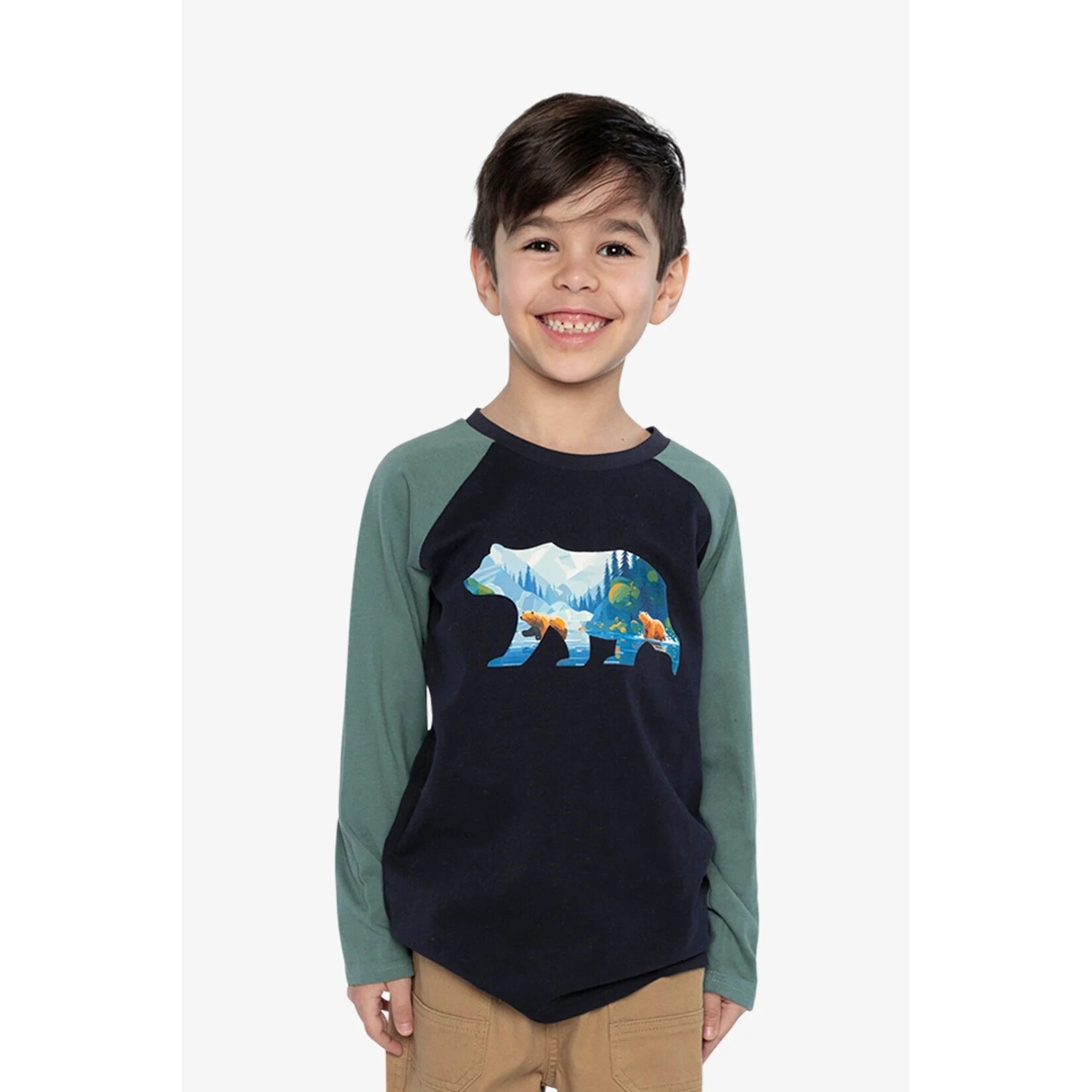 Deux par Deux DEUX PAR DEUX - T-shirt raglan bleu foncé et vert avec impression graphique inspirée des ours