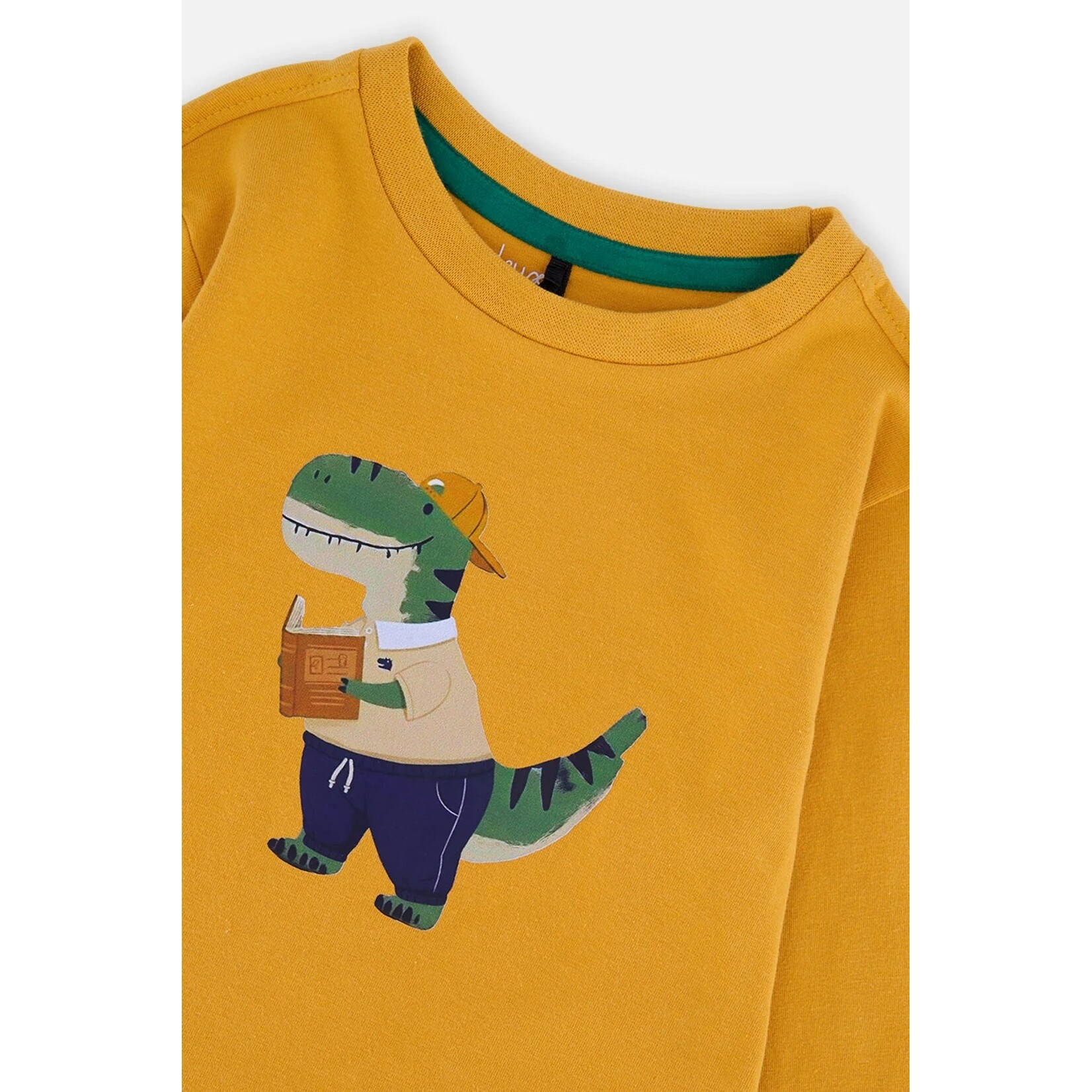 Deux par Deux DEUX PAR DEUX - Mustard yellow long-sleeved T-shirt with dinosaur appliqué