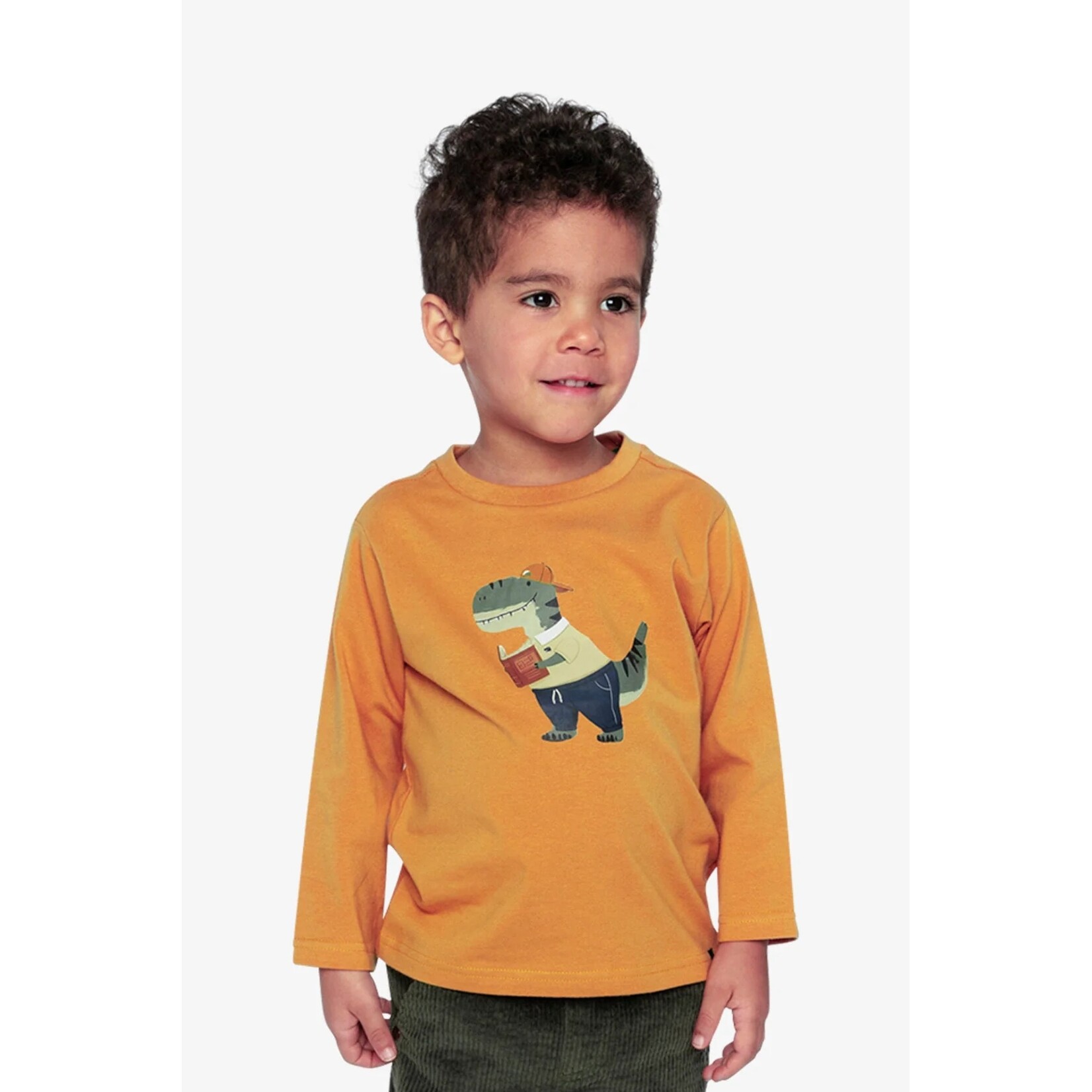 Deux par Deux DEUX PAR DEUX - Mustard yellow long-sleeved T-shirt with dinosaur appliqué