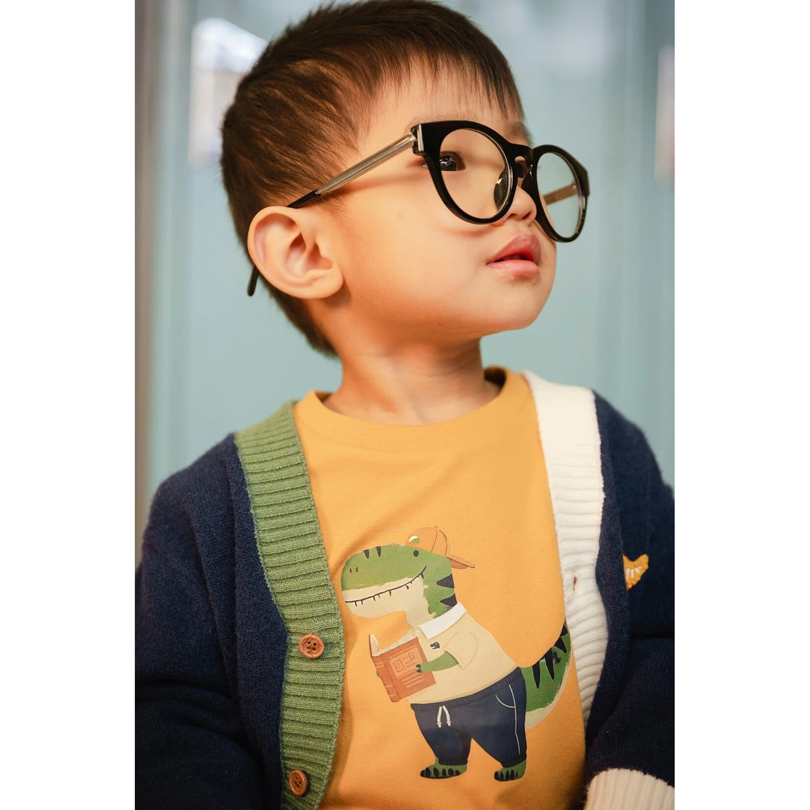 Deux par Deux DEUX PAR DEUX - Mustard yellow long-sleeved T-shirt with dinosaur appliqué