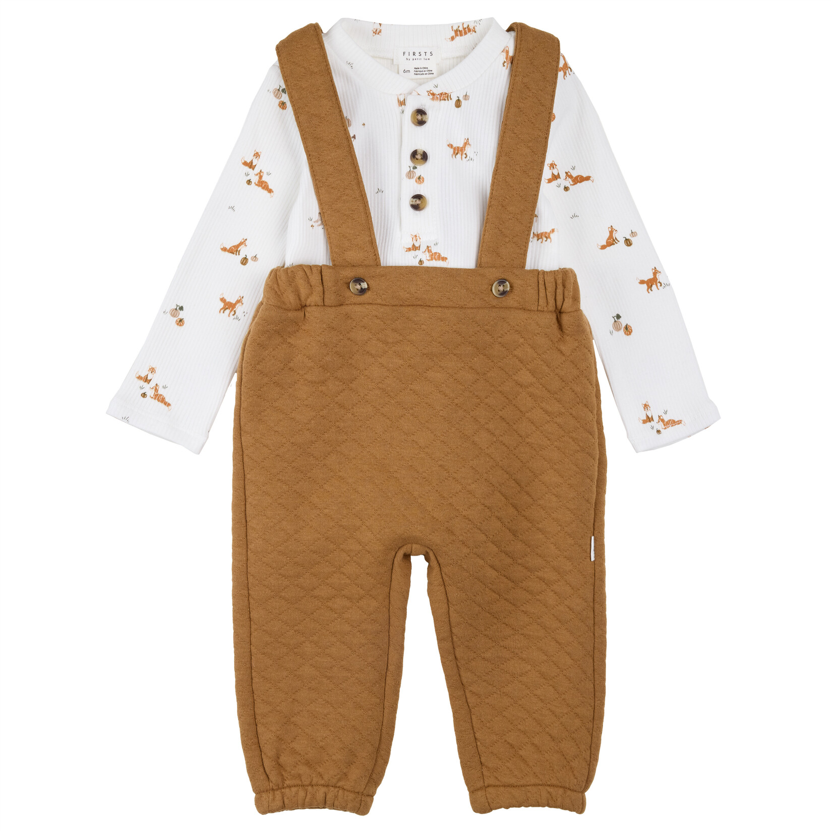Petit Lem PETIT LEM - Onesie with autumn fox print and brown overalls with a waffle effect two-piece set