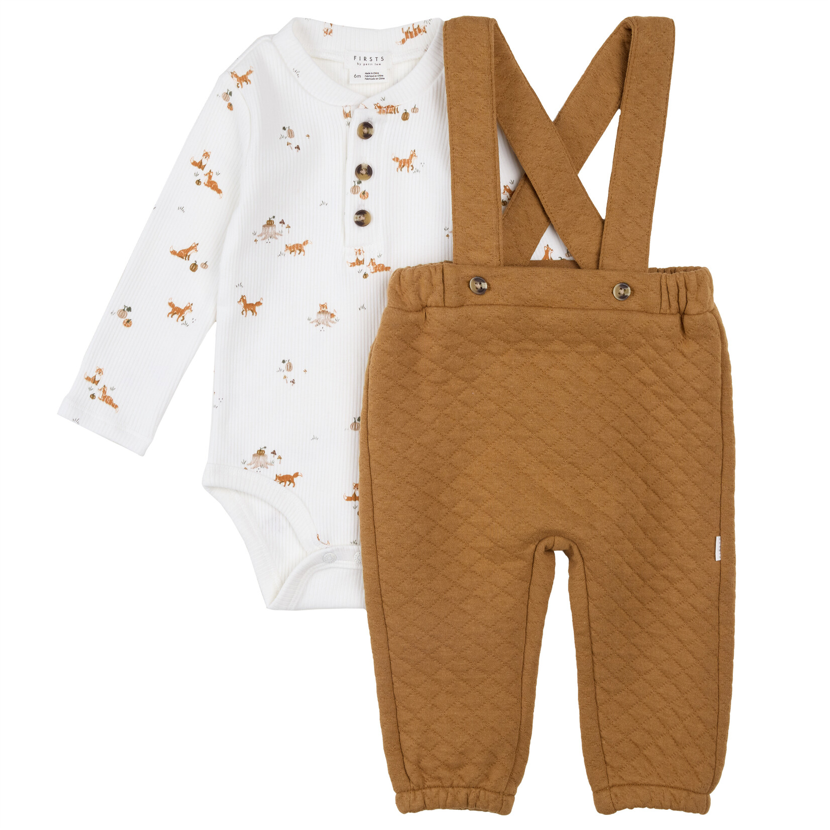 Petit Lem PETIT LEM - Onesie with autumn fox print and brown overalls with a waffle effect two-piece set