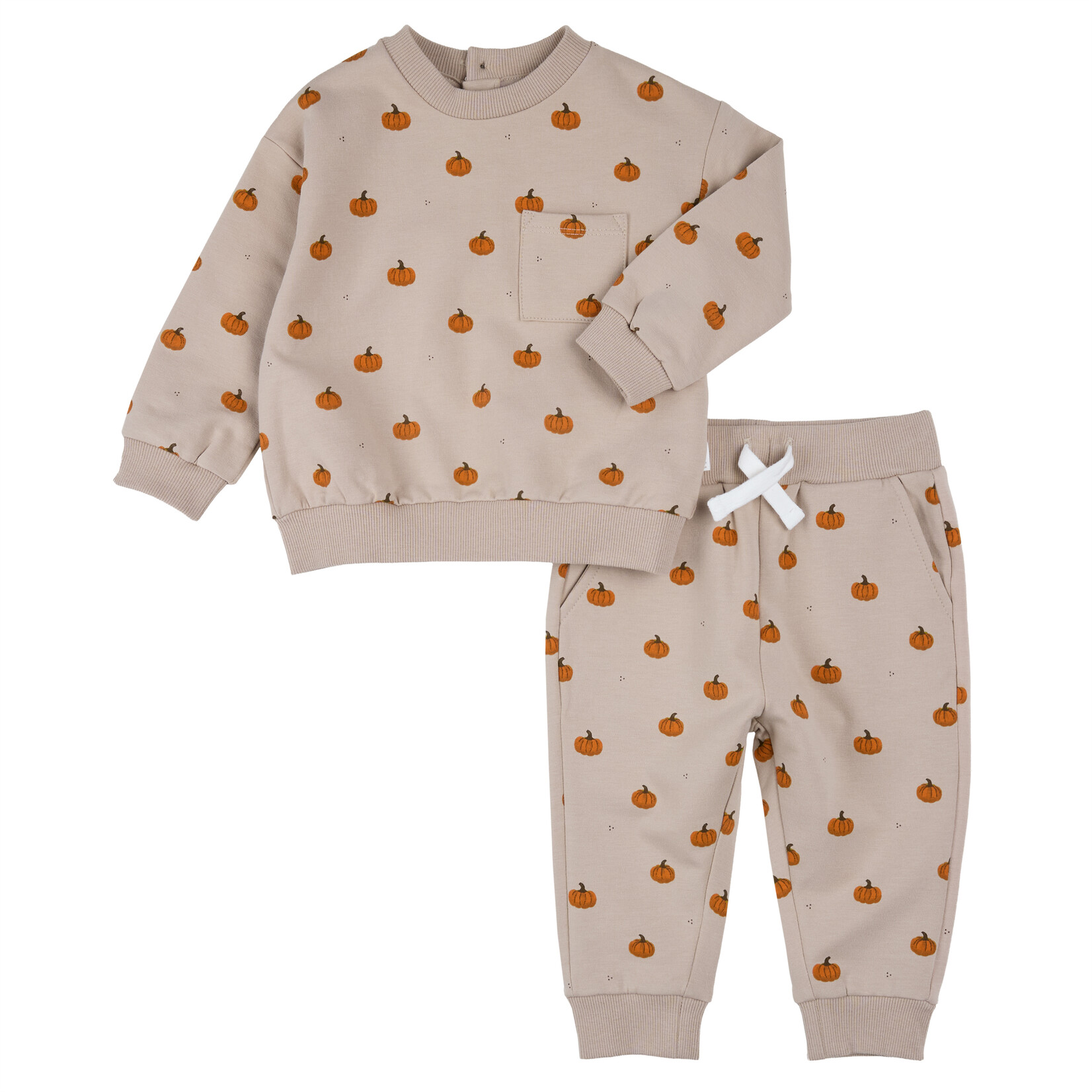 Petit Lem PETIT LEM - Ensemble deux pièces chandail et pantalon style jogging beige sable à imprimé de citrouilles