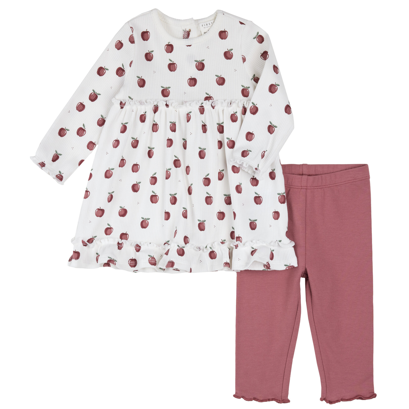 Petit Lem PETIT LEM - Ensemble robe blanche côtelé à imprimé de pommes et legging bourgogne rosé