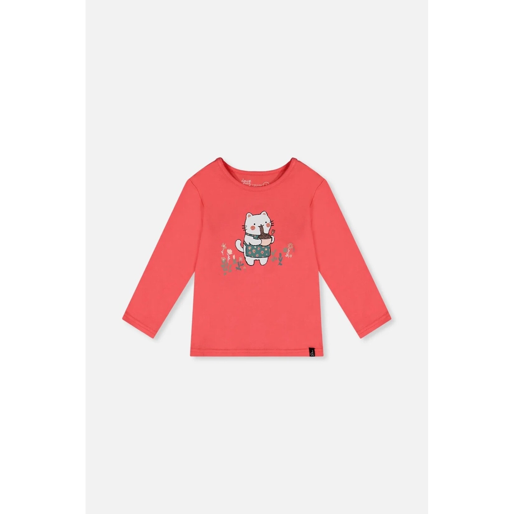 Deux par Deux DEUX PAR DEUX - Coral pink long-sleeved T-shirt with cat print