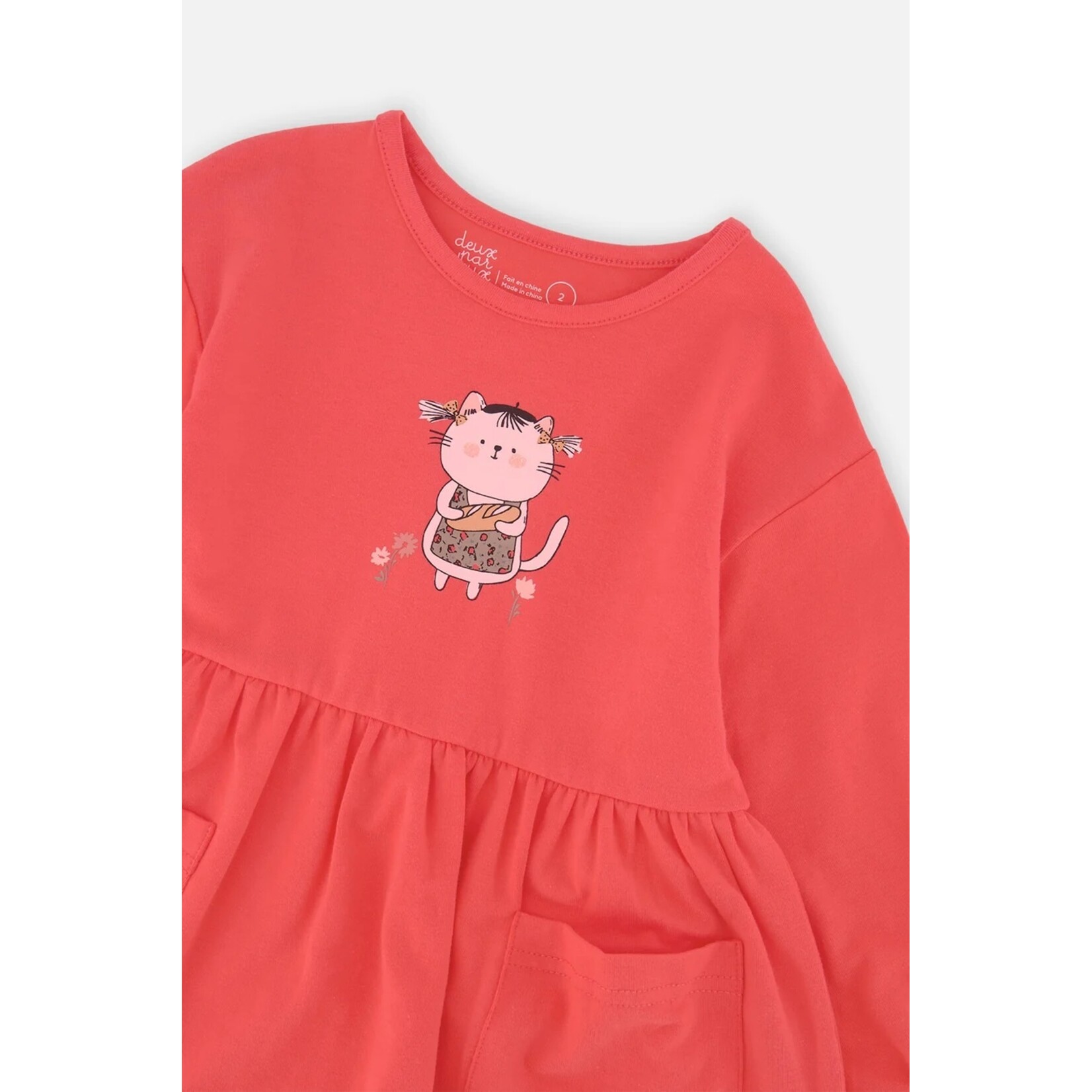 Deux par Deux  DEUX PAR DEUX - Coral pink long-sleeve tunic with cat print