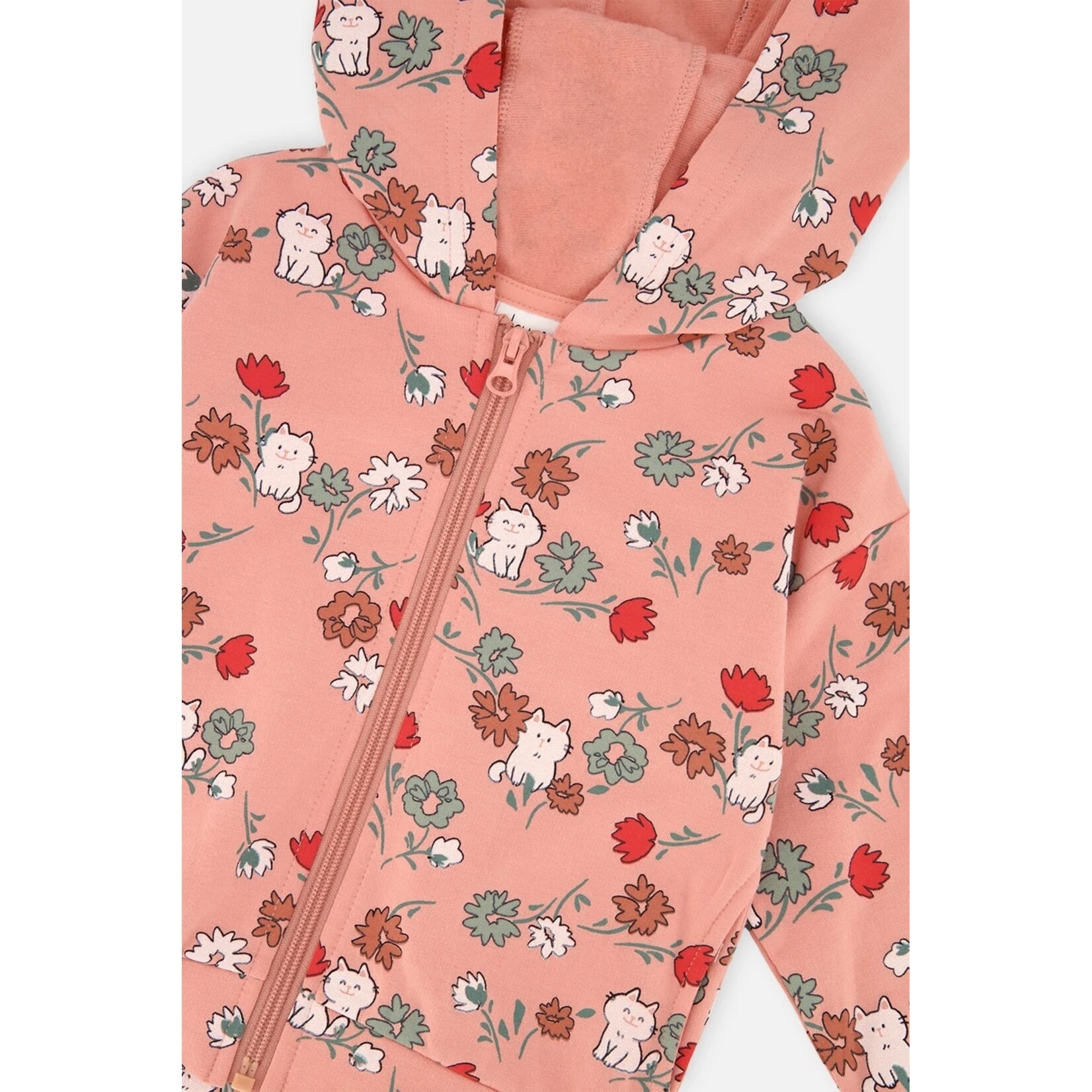 Deux par Deux  DEUX PAR DEUX - Pink fleece hooded cardigan with cat print