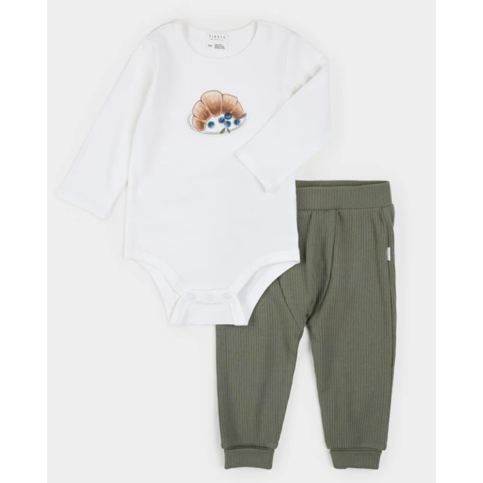 Petit Lem PETIT LEM -  Ensemble cache-couche blanc à imprimé de croissant et bleuets et pantalon gaufré vert forêt (2 mcx)