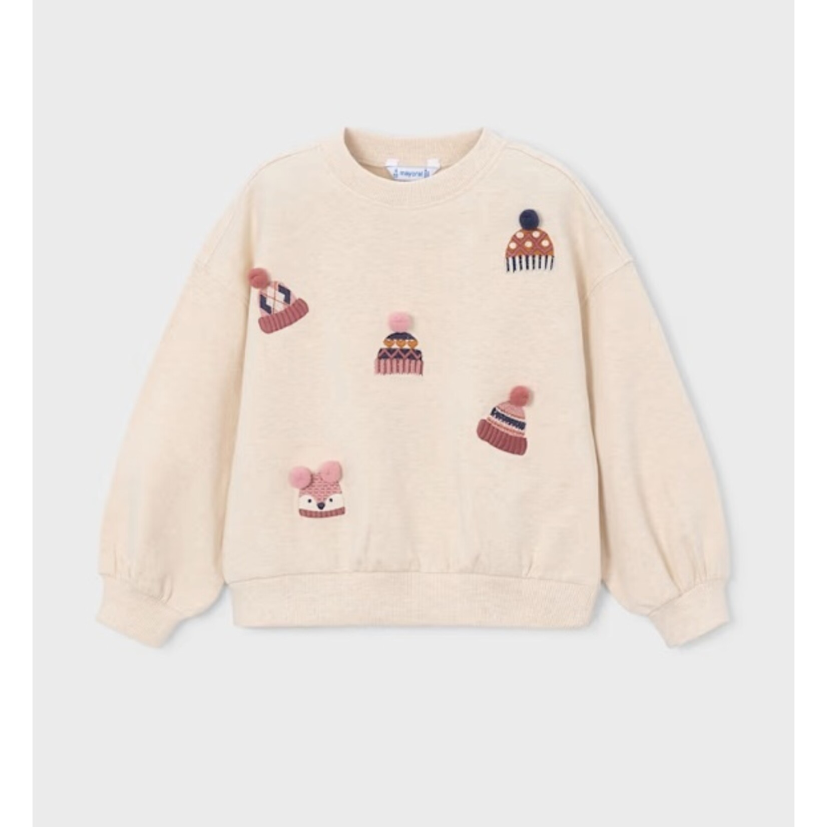 Mayoral MAYORAL - Beige long-sleeved pullover sweater with beanie embroidery