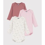 Petit Bateau PETIT BATEAU - Pack of 3 long-sleeved, round-neck bodysuits 'Pointelle - plain light pink/beige with delicate floral pattern/plain dark pink'