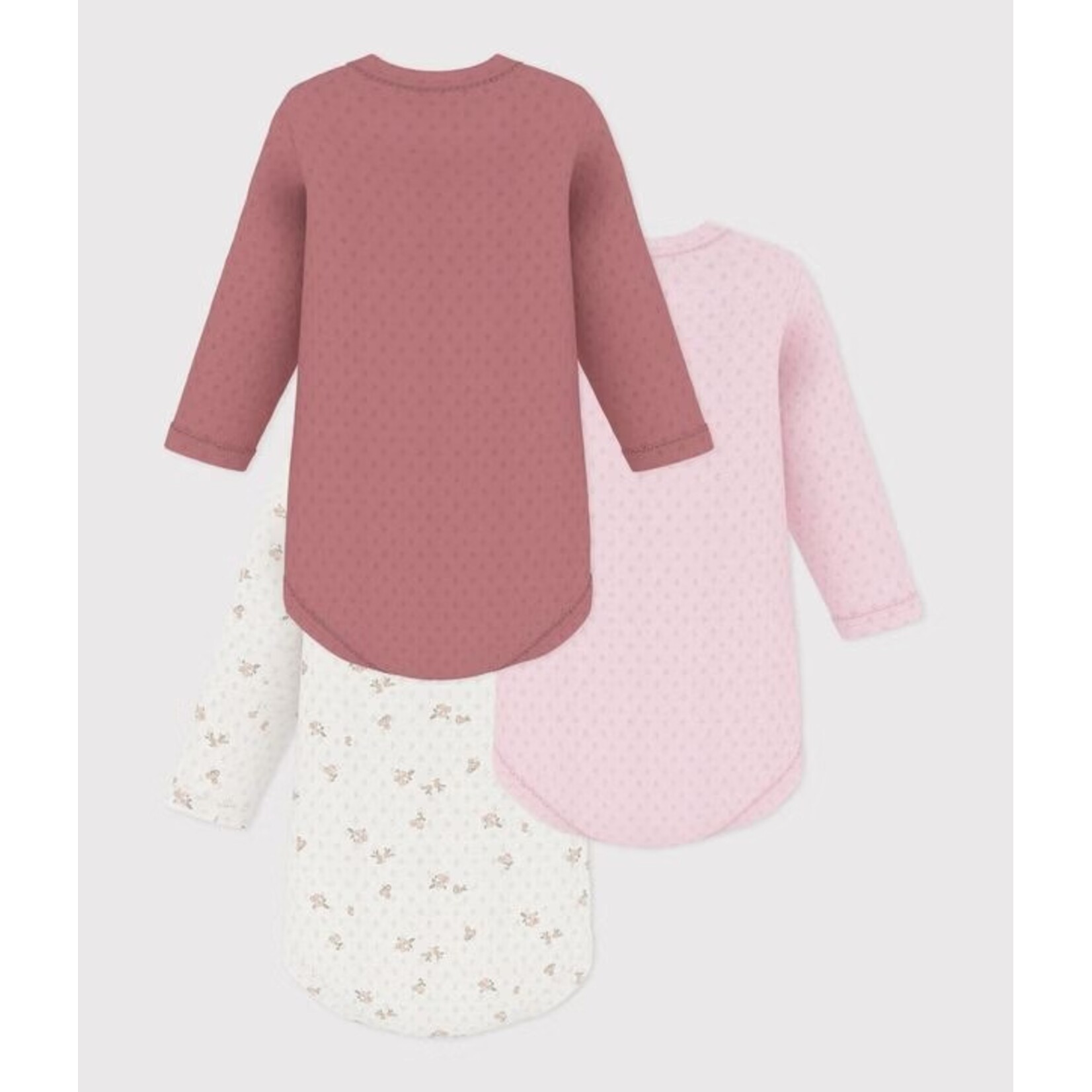 Petit Bateau PETIT BATEAU - Lot de 3 cache-couches manches longues à col rond 'Pointelle - uni rose clair/beige à motif de fleurs délicates/uni rose foncé'