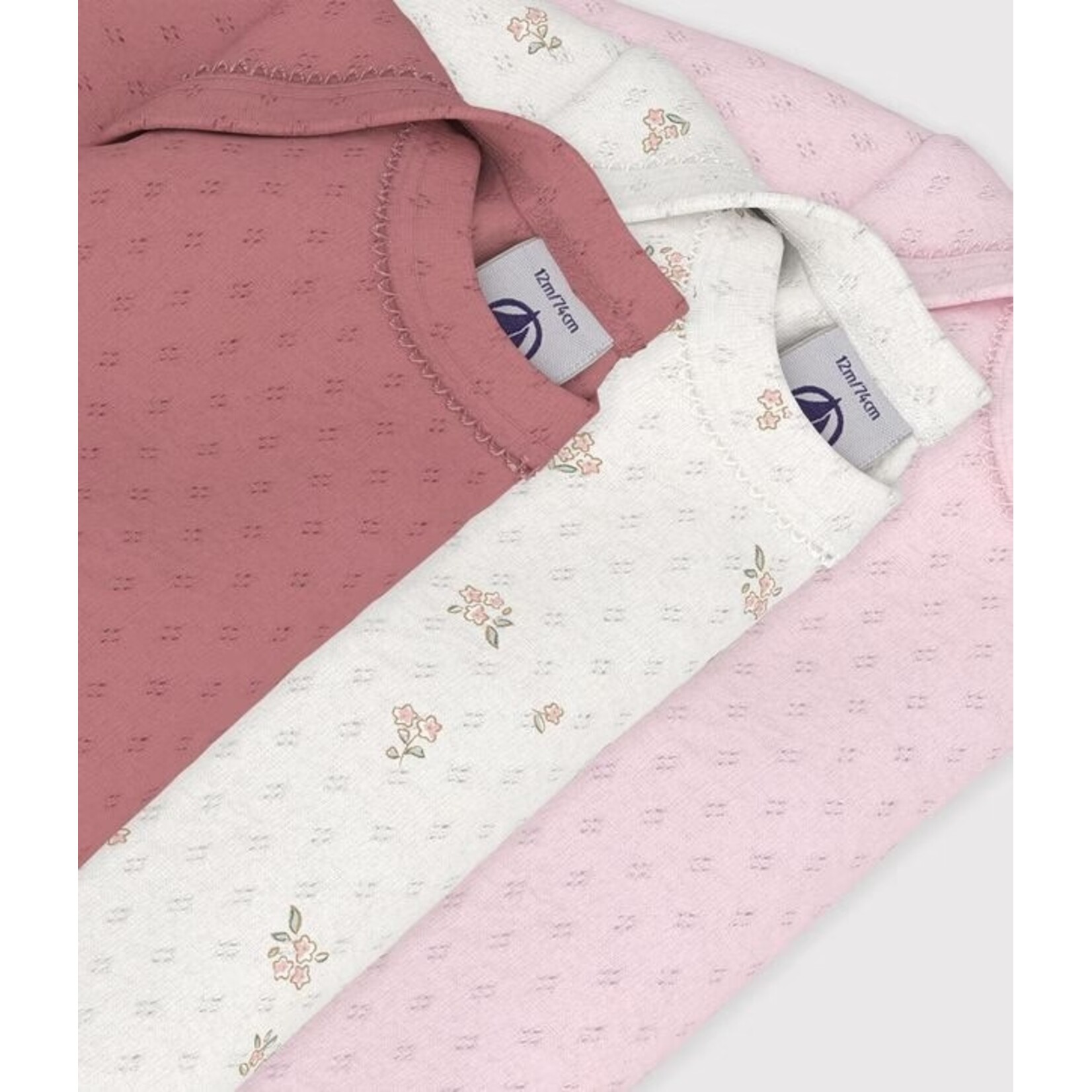 Petit Bateau PETIT BATEAU - Pack of 3 long-sleeved, round-neck bodysuits 'Pointelle - plain light pink/beige with delicate floral pattern/plain dark pink'