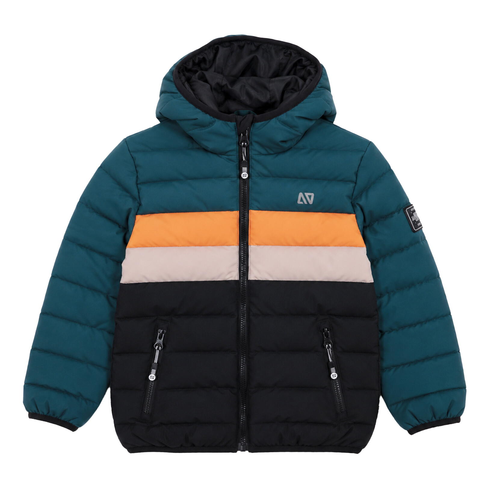 Nanö NANÖ - Manteau d'automne matelassé noir et à rayures vert forêt, orange et beige