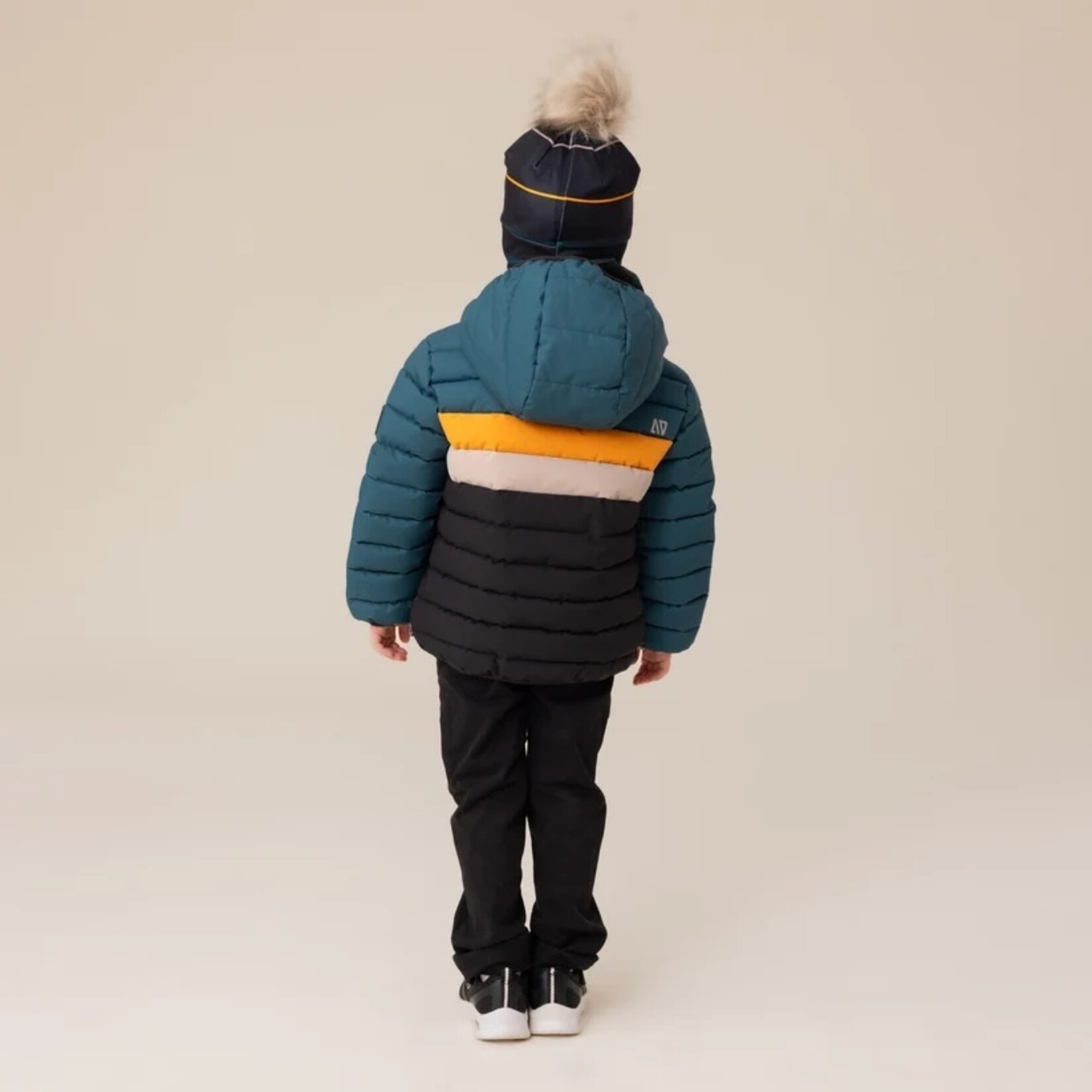 Nanö NANÖ - Manteau d'automne matelassé noir et à rayures vert forêt, orange et beige