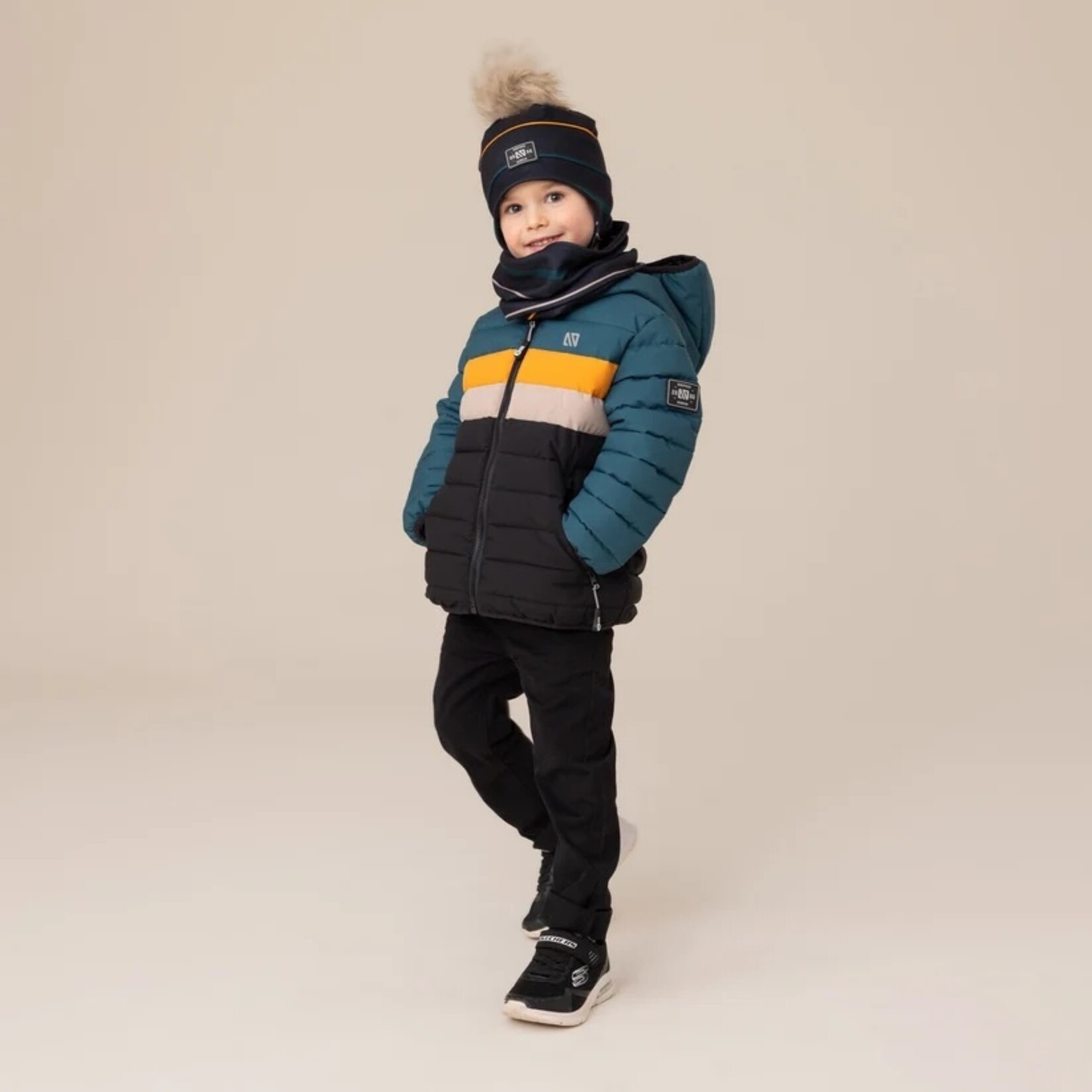 Nanö NANÖ - Manteau d'automne matelassé noir et à rayures vert forêt, orange et beige
