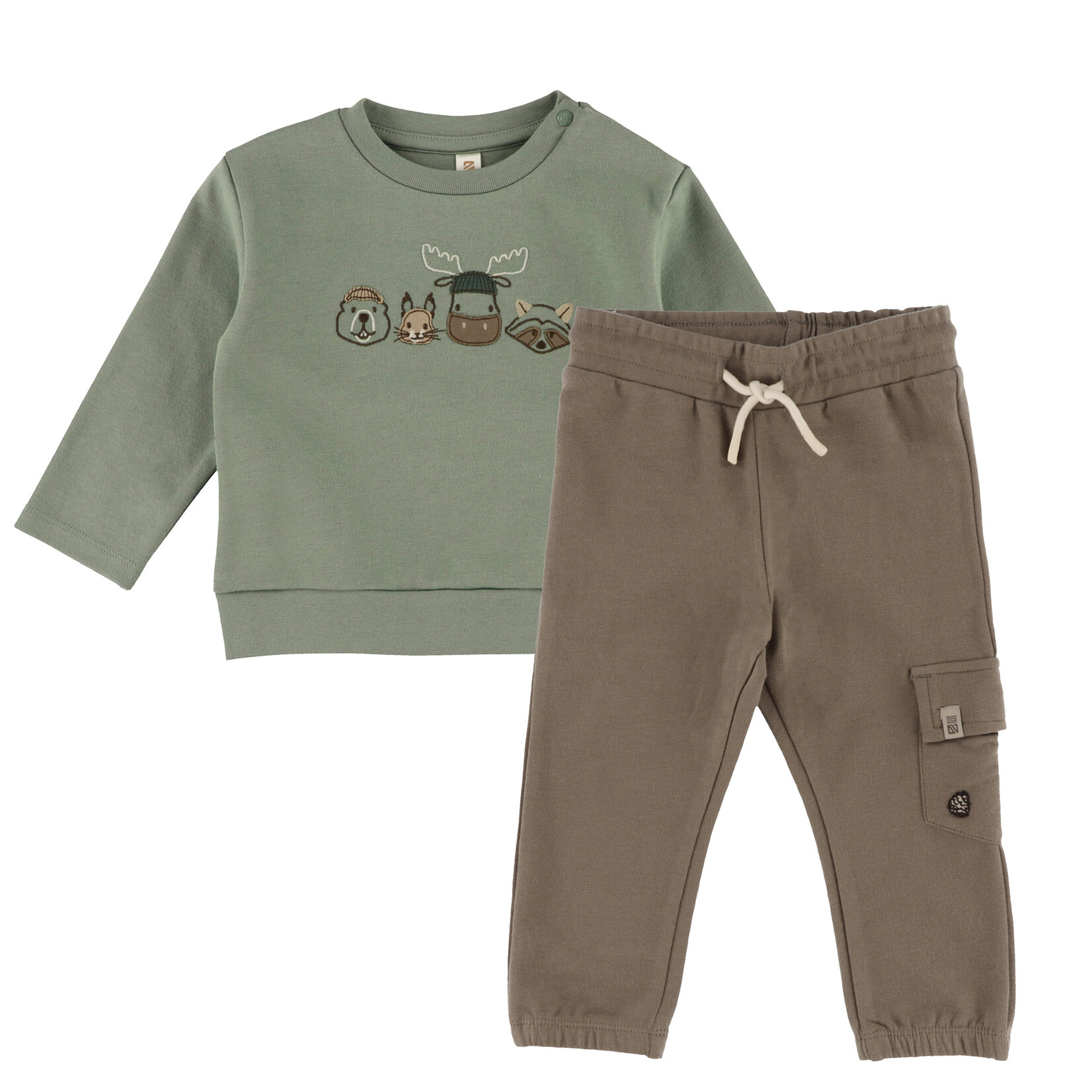 Nanö NANÖ - Ensemble 2 morceaux - Chandail vert manches longues avec broderies d'animaux et pantalon jogging brun 'Ma douce forêt'