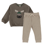 Nanö NANÖ - 2-Piece Set - Taupe long-sleeve top with moose print and brown joggers  'Ma douce forêt'