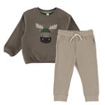 Nanö NANÖ - Ensemble 2 morceaux - Chandail taupe manches longues avec imprimé orignal et pantalon jogging brun 'Ma douce forêt'